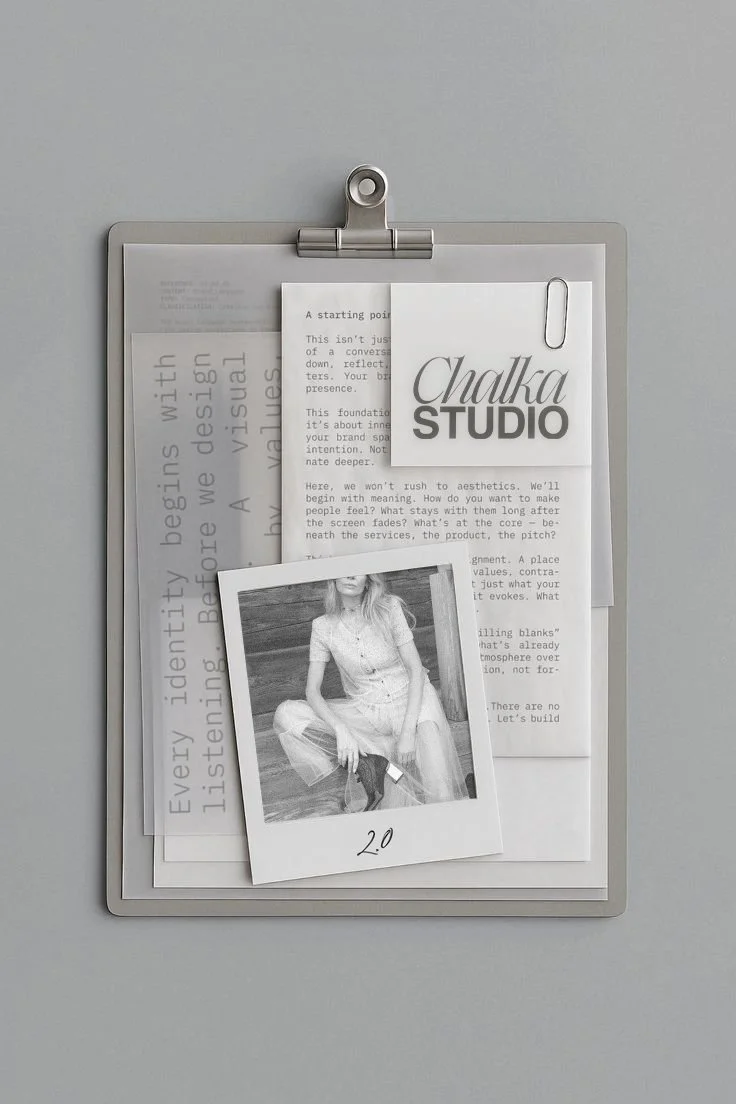 A clipboard holding printed documents, a small card with 'Chalka Studio' logo attached with a paperclip, and a black-and-white photo of a woman sitting on a bench, labeled '2.0' at the bottom.