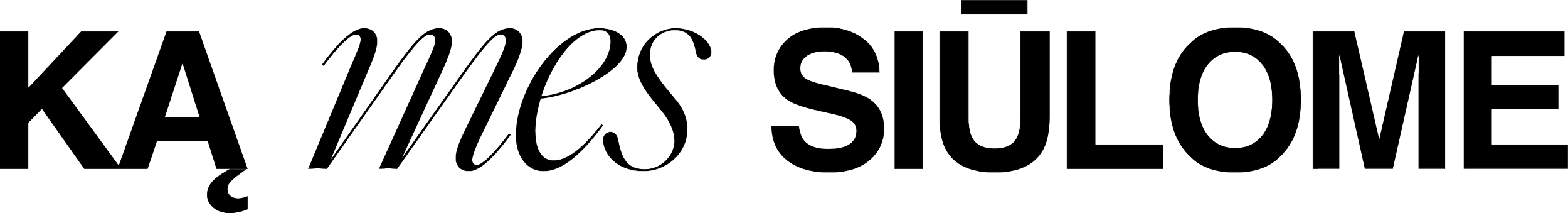 The text reads 'KÄ MES SIULOME' in black outlined fonts on a transparent background.