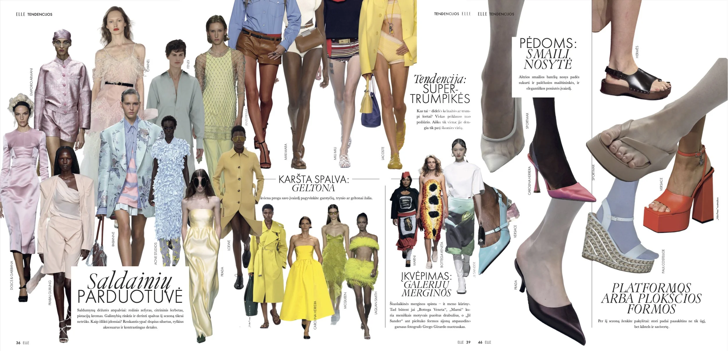 Magazine spread showing various fashion models in colorful designer outfits, shoes, and accessories, with Lithuanian text and brand labels.