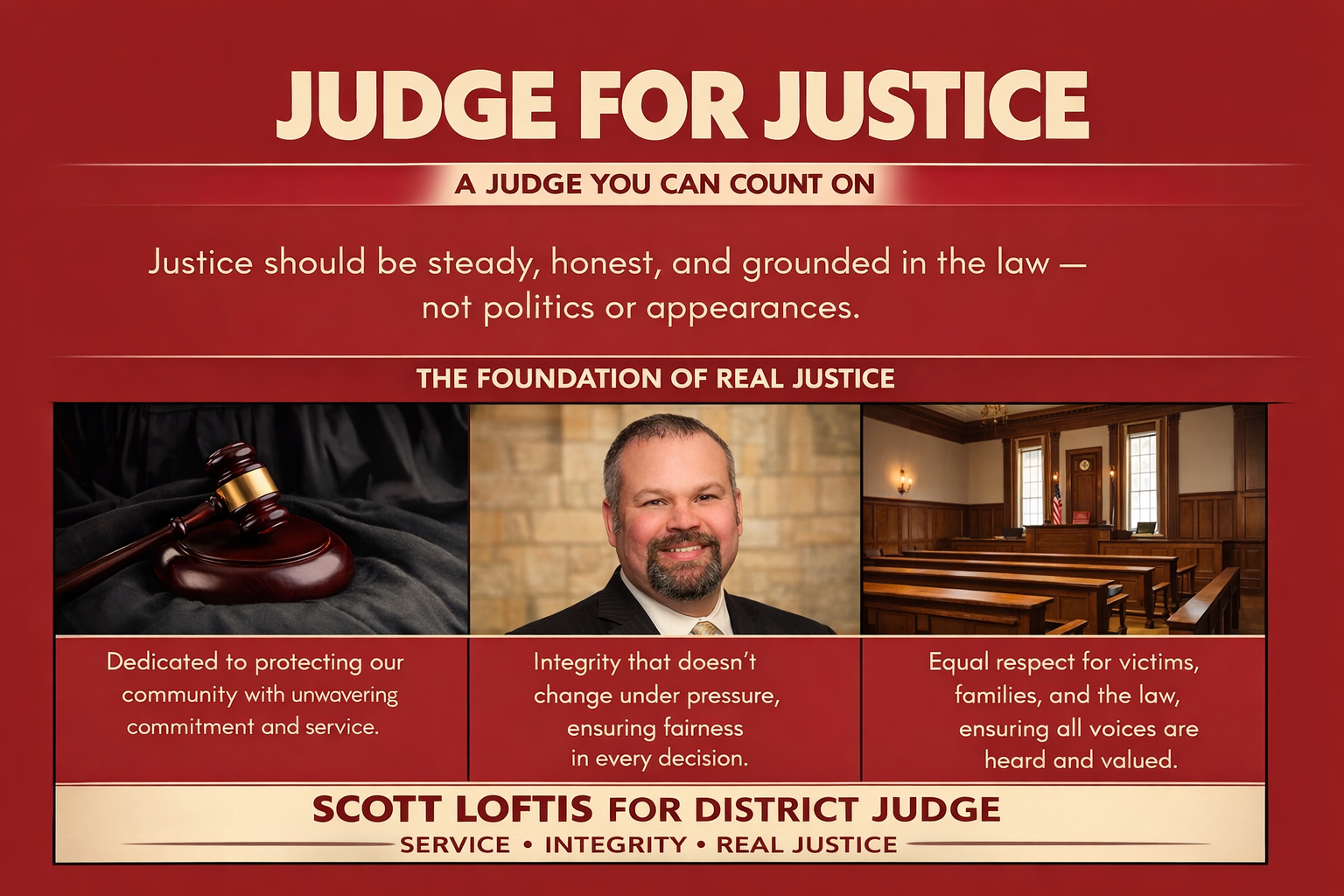 Campaign poster for Scott Loftis running for district judge. The poster emphasizes qualities such as justice, integrity, dedication, and respect for victims, with a photo of Scott Loftis and images of a gavel and a courtroom.