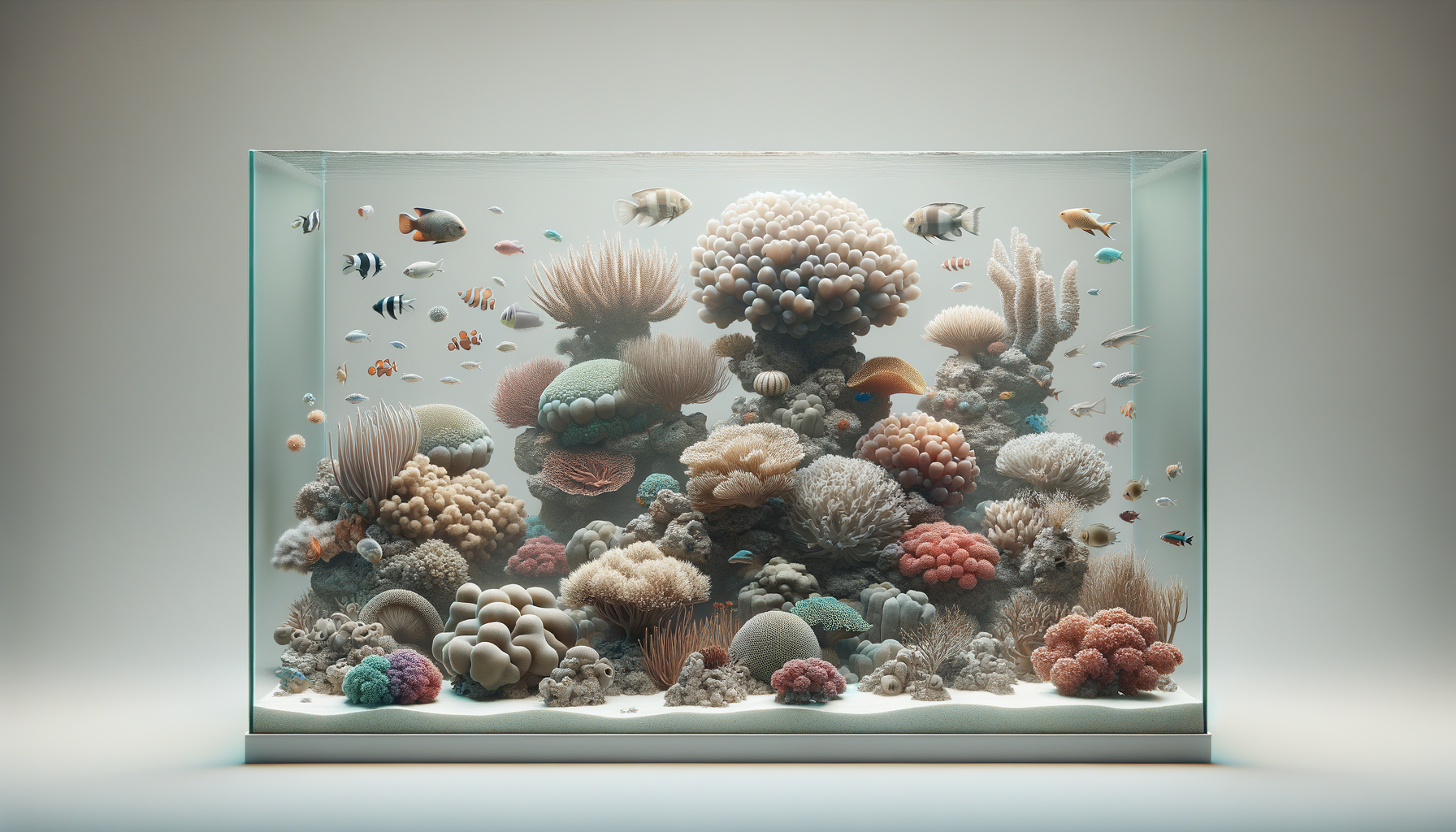 Aquarium filled with various colorful corals and fish species.