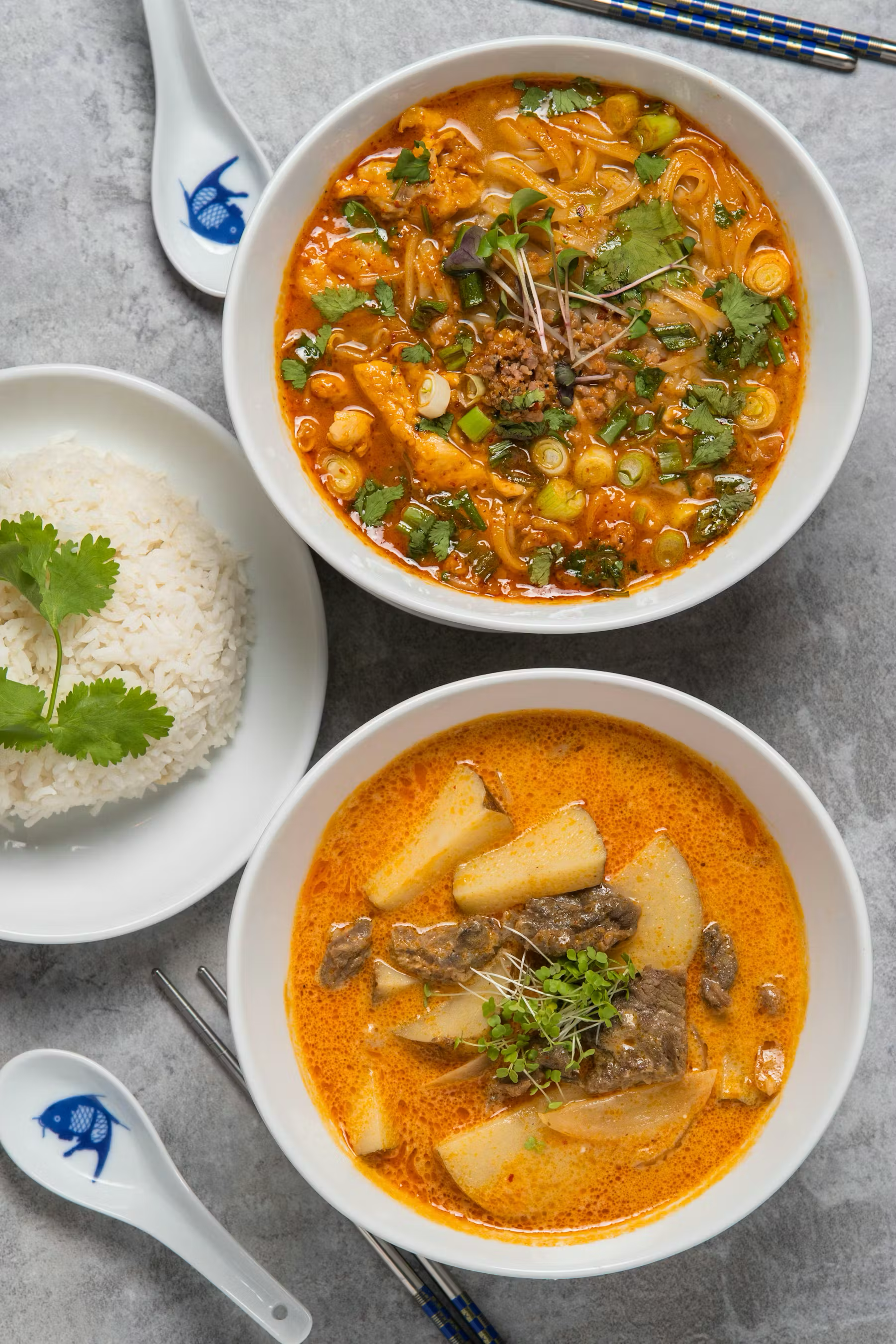 Two bowls of Asian-style curry soup, one with a red spicy broth containing chicken, green onions, cilantro, and basil sprouts, and the other with a lighter coconut milk broth containing beef, potatoes, and radish garnished with microgreens, alongside