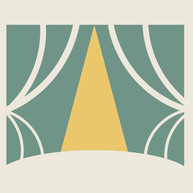 Simplified illustration of a stage with curtains drawn back, revealing a yellow spotlight on a white circular floor.