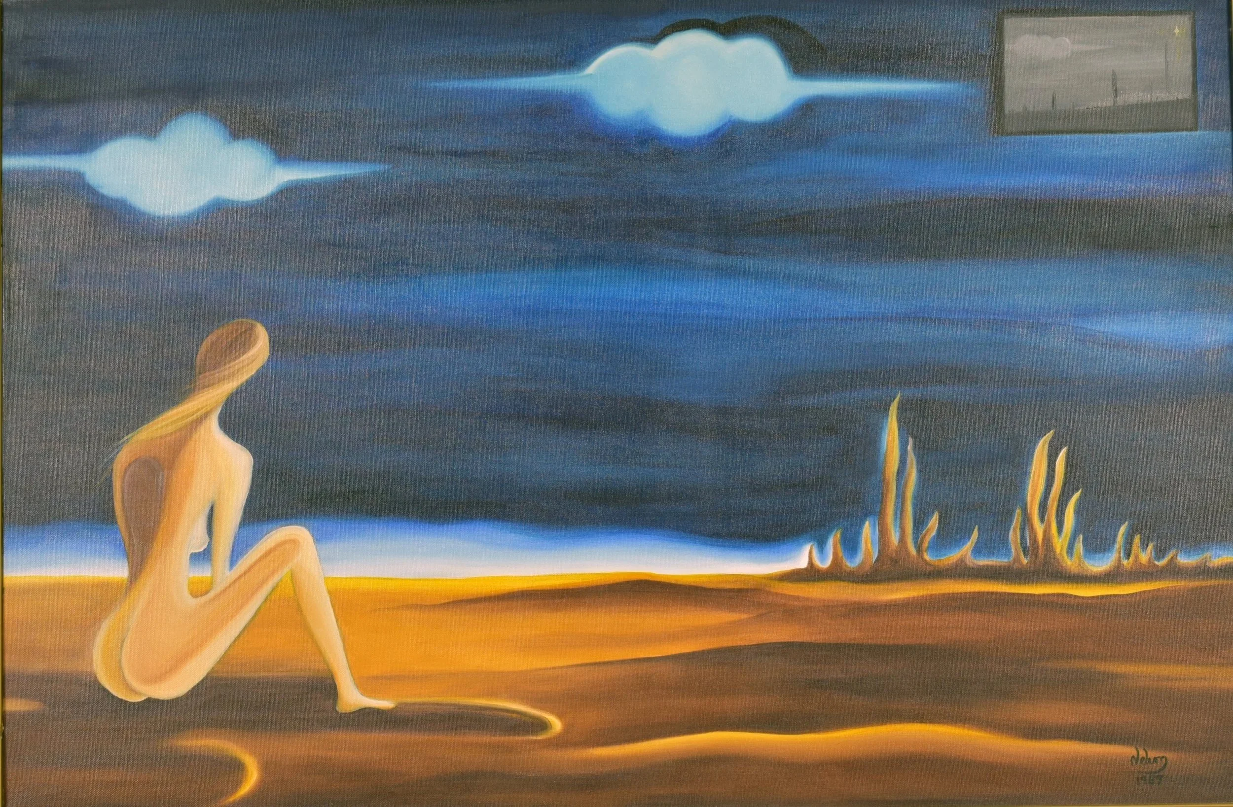 
Somewhere out there,
Oils - 24 X 36 
$8000.00

In 1997, shortly after I came to the US, painting this emerged from a time of loneliness. A solitary figure sits in a desert landscape, while a window in the sky holds a view from my bedroom, an image o