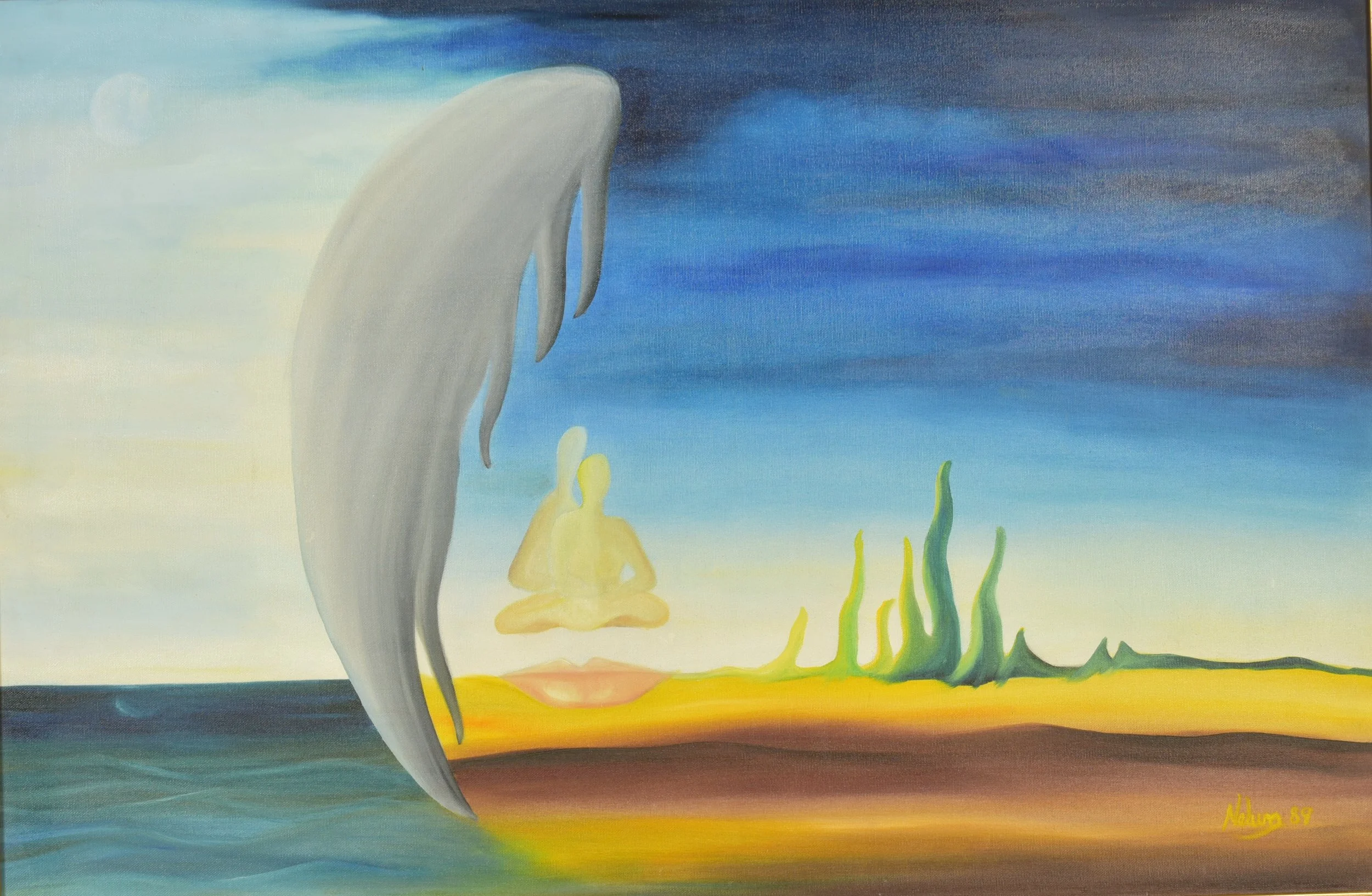 In between,
Oils - 24 X 36 
$8000.00

Between oceans and desert, a face unfolds in quiet layers. A man and a woman meet within the form, connected though apart. One side open to the sky, the other holds shadow -  suggesting distance, longing, and the