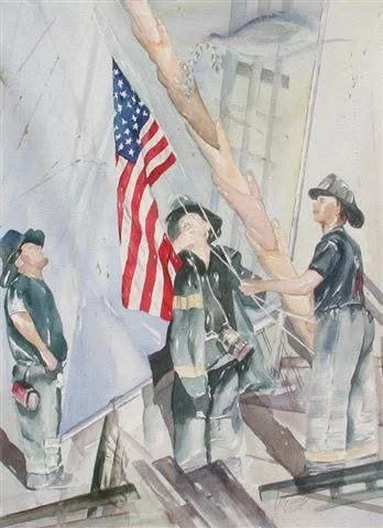 Strenth in many Hands
 Watercolor

 9/11/2001 - Inspired by the iconic moment when firefighters raised the American flag after September 11th, this painting reimagines of different colors lifting the reflection pool - symbolizing unity, resilience, a
