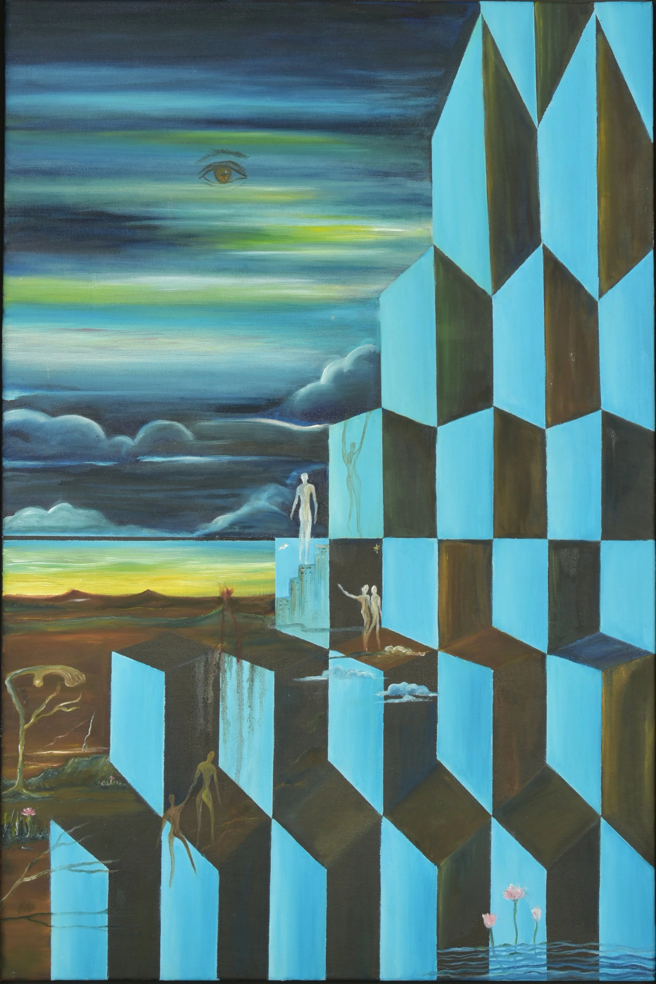 The Journey
Oils - 24 X 36 
 $9000.00

2010 - The rising structures in the painting were created by my son, Dilan. I continued the work. Shaping it into a story a mother's enduring love-one that, through difficulty and uncertainty, pulls her children