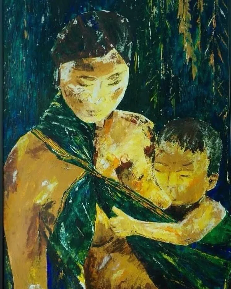The Sacred Bond 
 Acrylic on paper - alette knife 24X30
Original - Collected
Fine art print $450

In the quiet act of her mother nursing her child, a unlike any other is born. Beyond nourishment, this moment forms an unspoken, eternal bond - one root