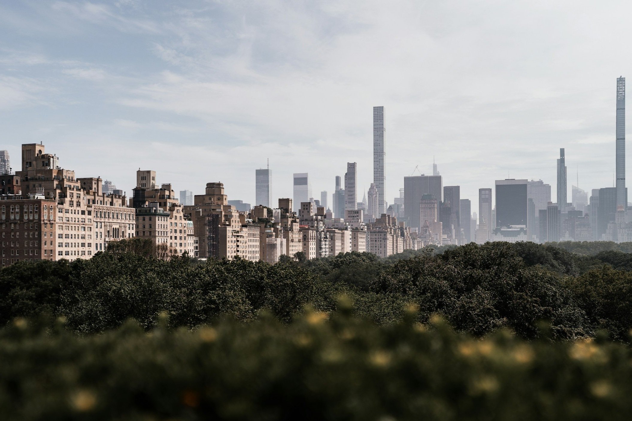 City skyline with tall skyscrapers and a foreground of dense green trees under a partly cloudy sky.