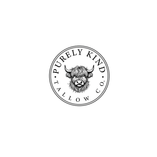 Logo of Purely Kind Tallow Co featuring a detailed illustration of a buffalo's head surrounded by the company name.