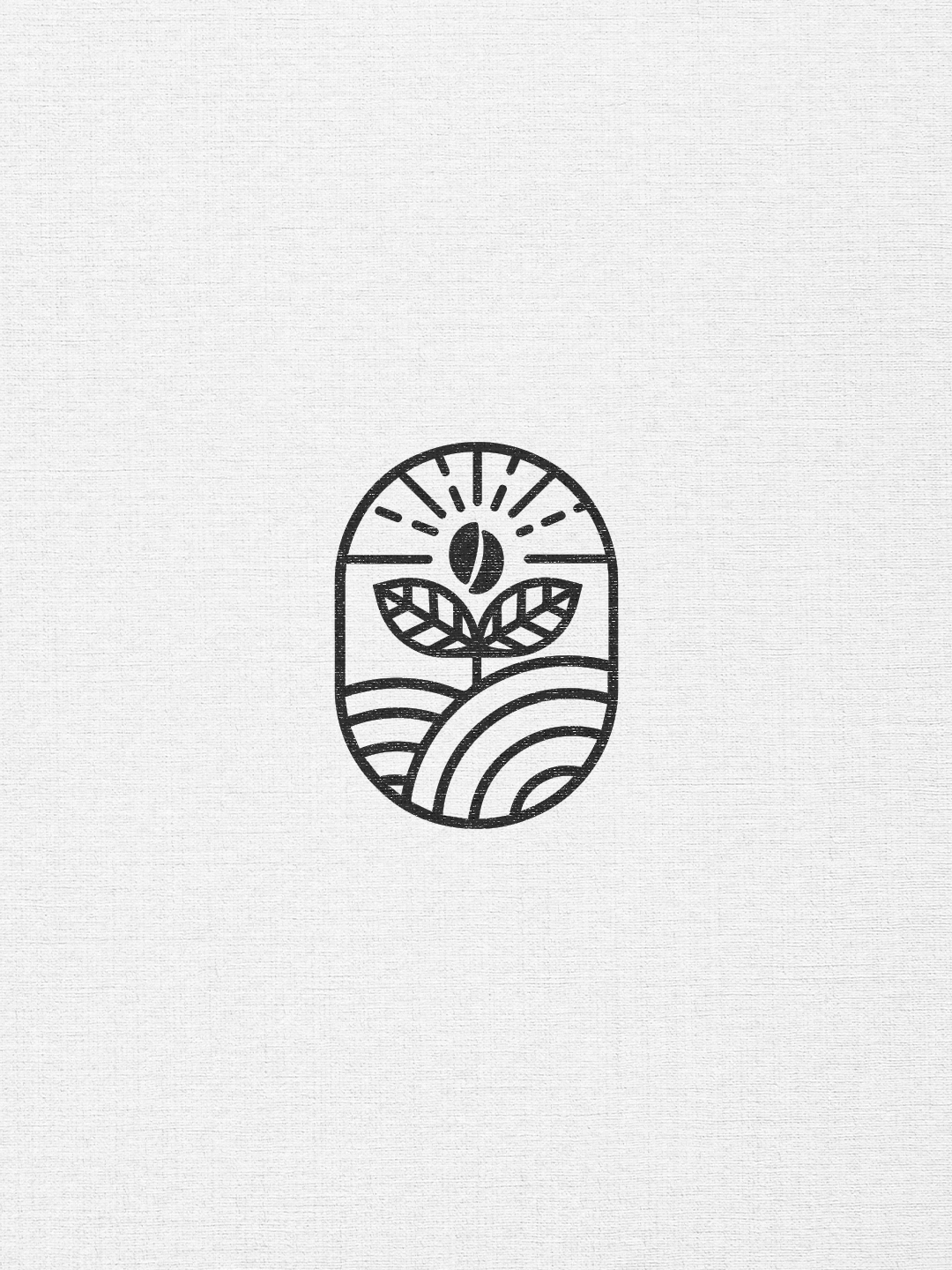 Line drawing of a seed, a leaf, and rolling hills with a sun or rays above, enclosed in an oval shape.