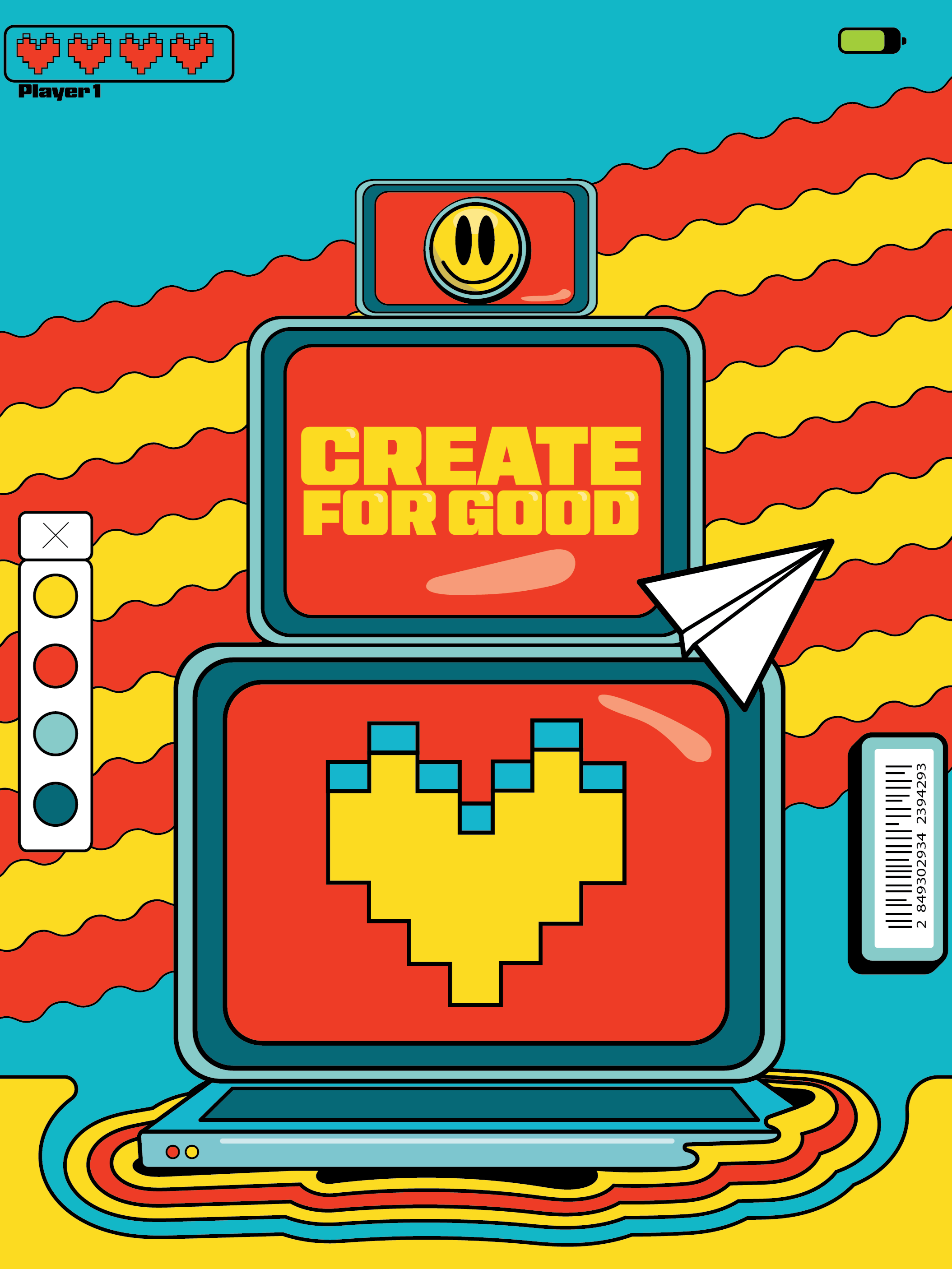 Digital illustration of a retro computer with pixel art heart on the screen and chest, colorful stripes and background, including a paper airplane, barcode, and a message 'Create For Good'.