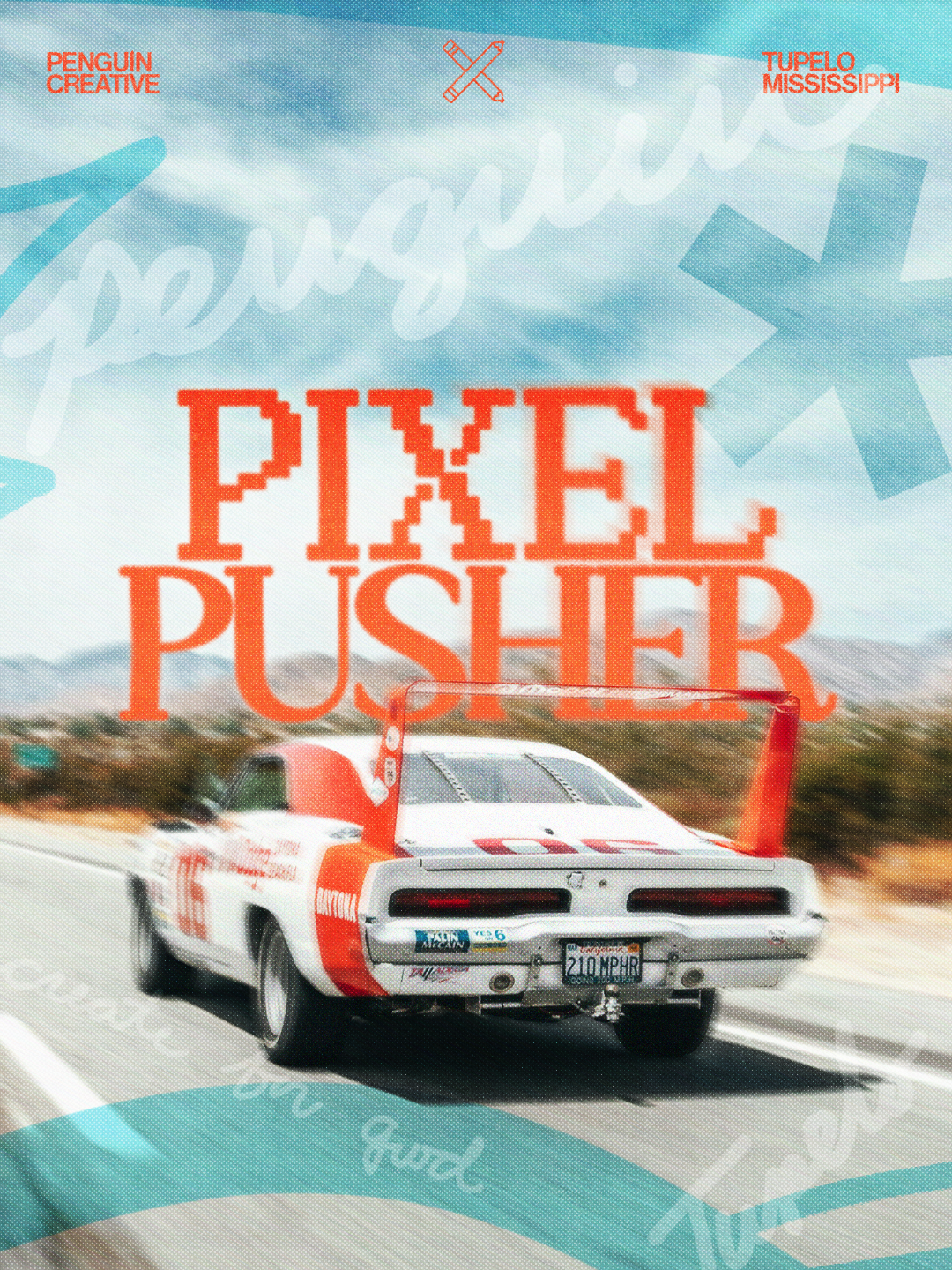 A racing car with a white body and red accents driving on a highway in a desert landscape, with large text overlay reading "Pixel Pusher" and surrounding graphics, part of the Tucson, Mississippi event banner.