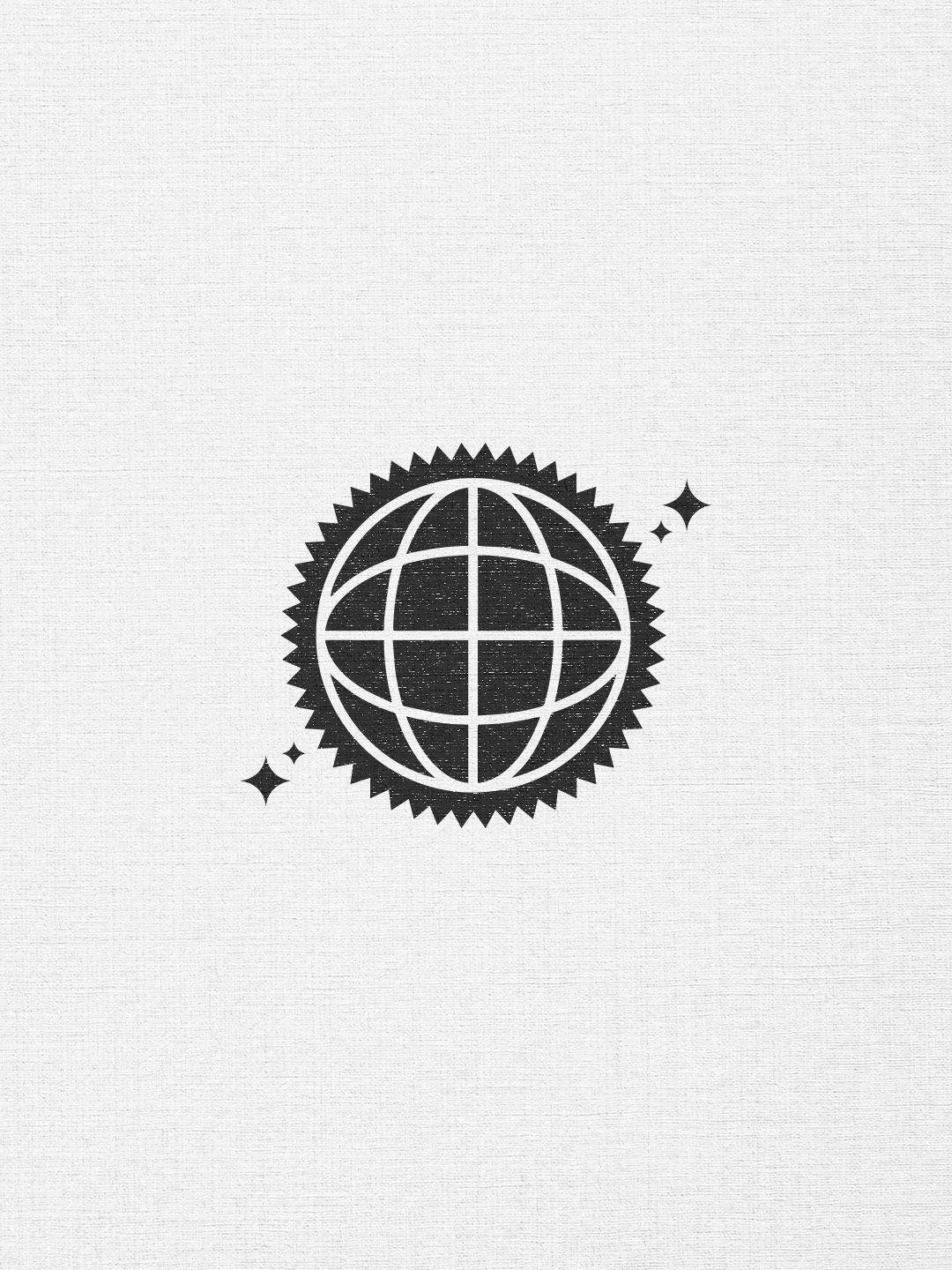 Black icon of a globe with latitude and longitude lines, surrounded by a spiked circular outline, and two small sparkle icons nearby, on a white textured background.