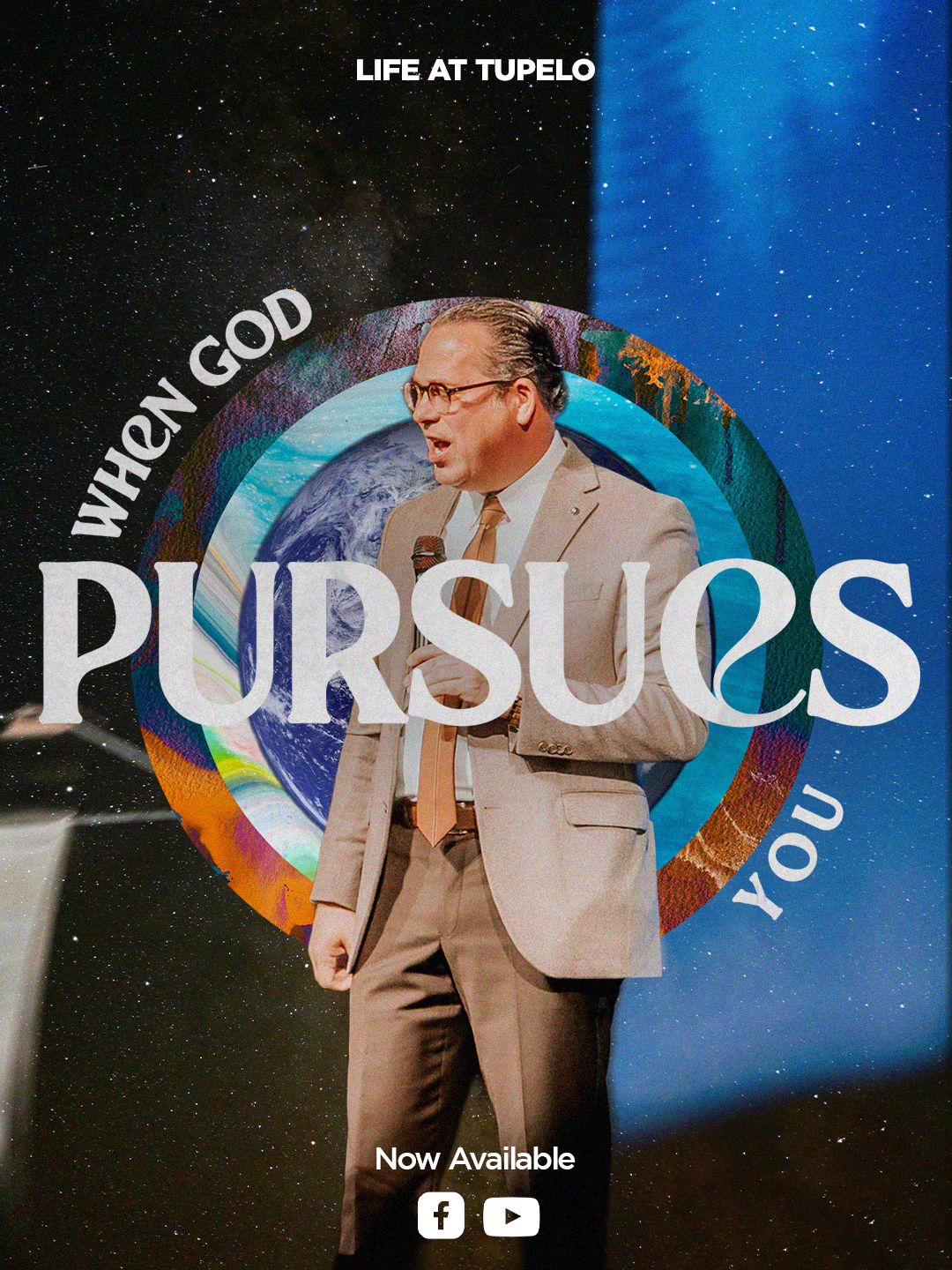 A man in a beige suit and glasses speaking into a microphone, standing in front of a space-themed background with Earth and stars, with colorful circular graphics and text that reads 'Who can God pursue you?'.