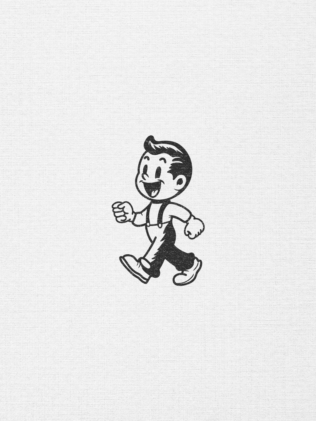 Black and white illustration of a smiling, happy boy walking with a cheerful expression.