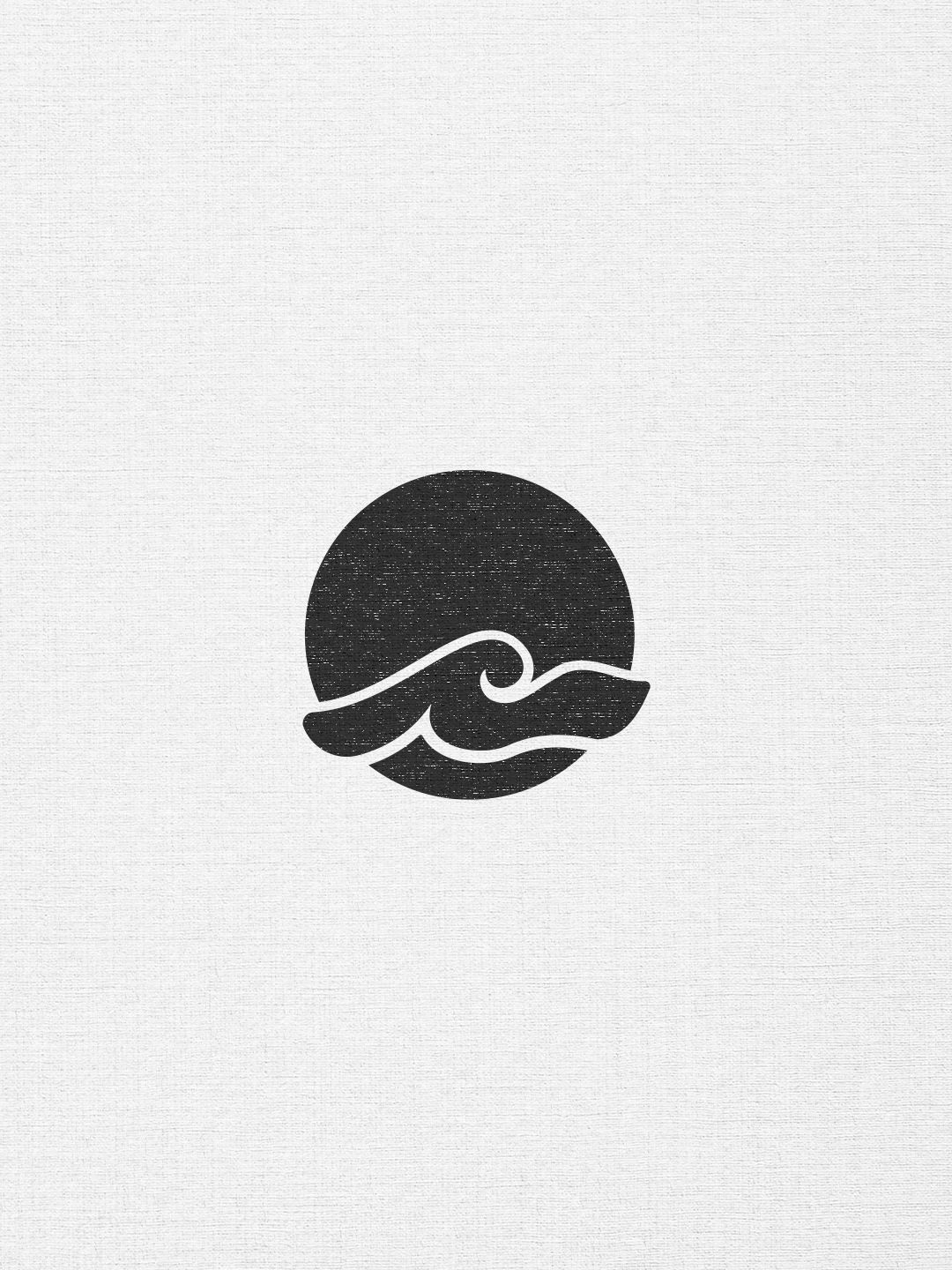 Black circular icon with stylized wave design in the center on a light textured background.
