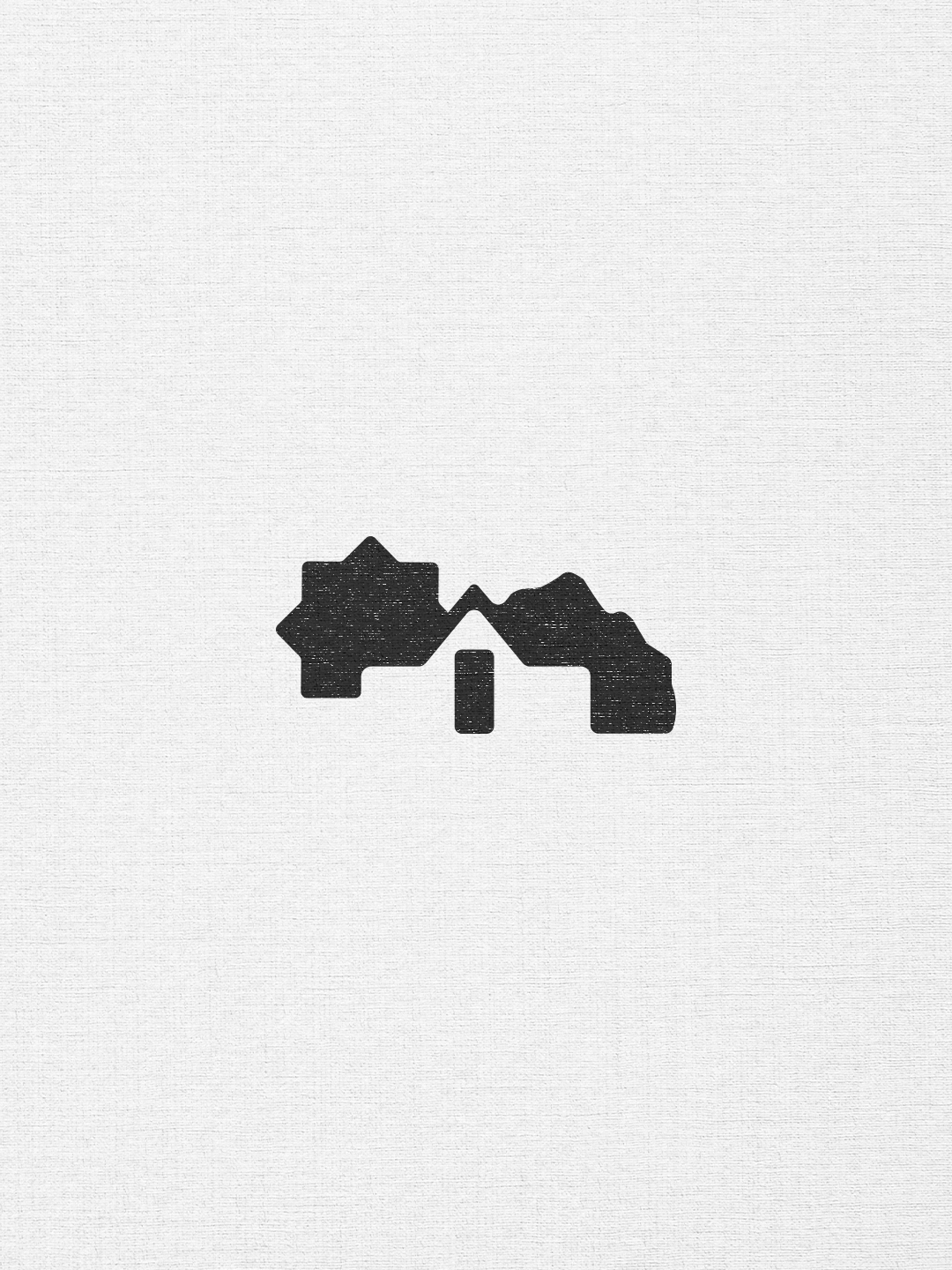 Black icon of mountains and a house on a light background.