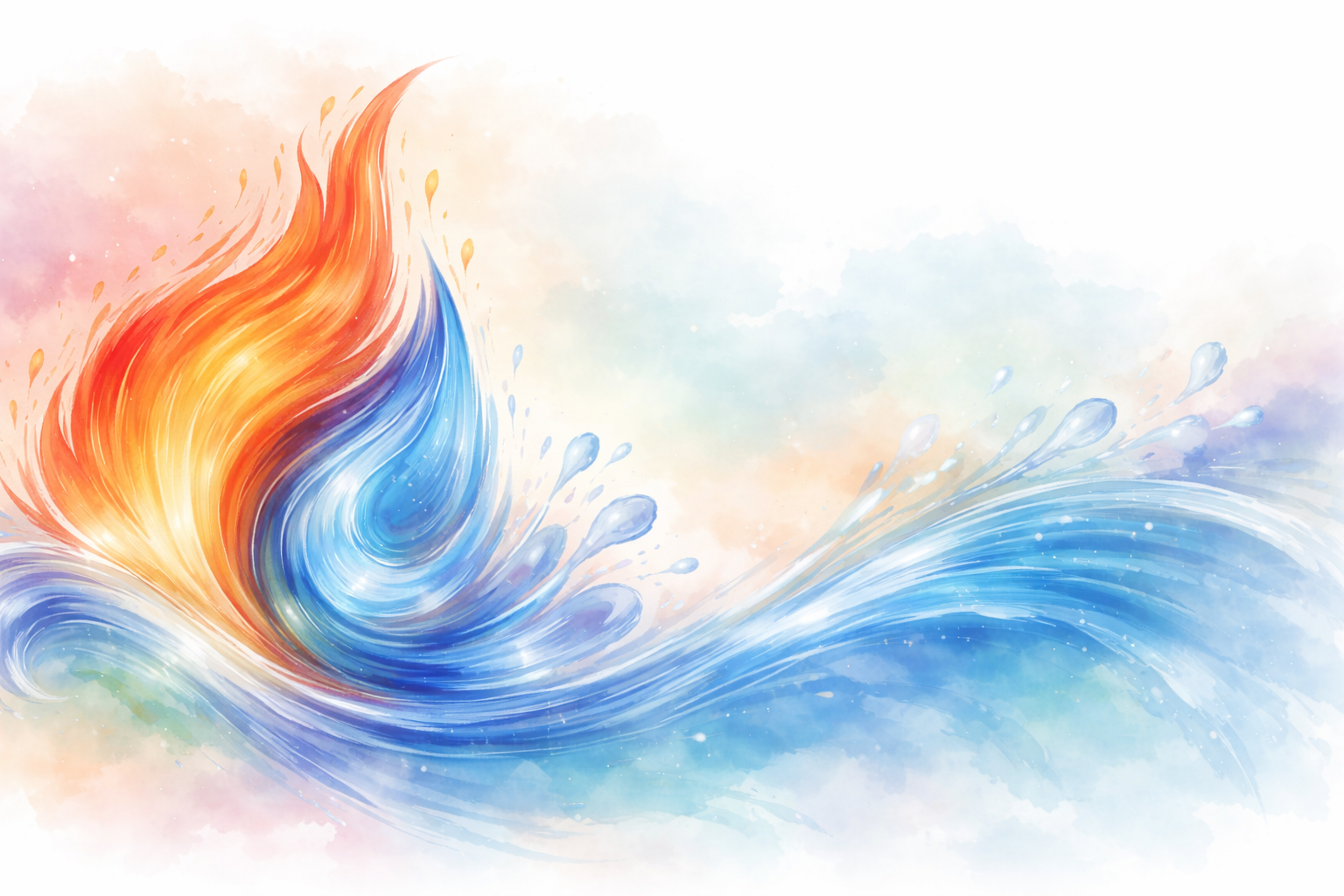 Abstract watercolor painting of a wave with fiery red, orange, and yellow colors transitioning into blue and white, with splashes and droplets.