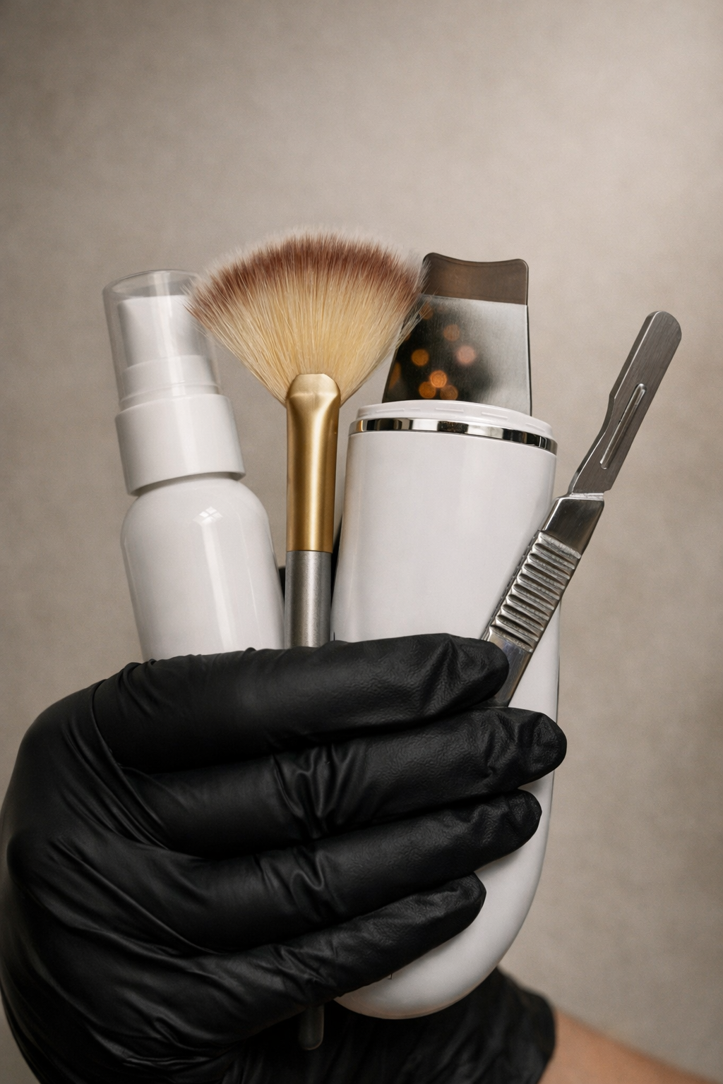 Collection of skincare and beauty tools, including a spray bottle, makeup brush, container, and tweezers, held in a hand wearing a black glove.