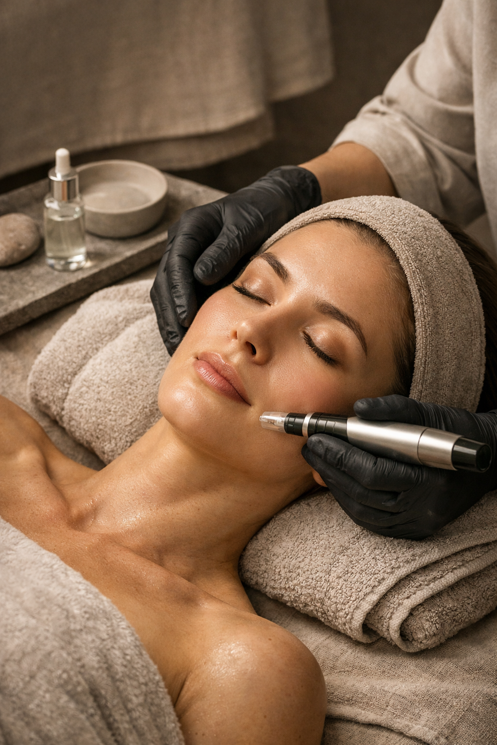 A woman receives a facial treatment at a spa, lying down with a lotion-covered face, wearing a headband. A skincare specialist wearing black gloves is using a device on her cheek.