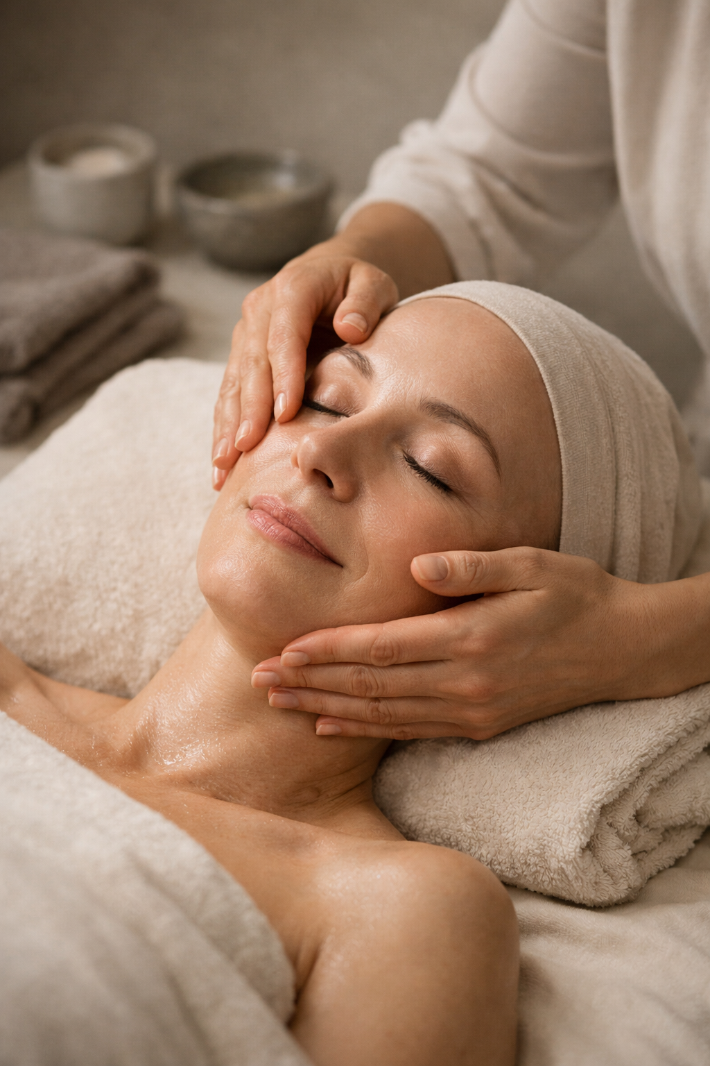 A woman with a towel wrapped around her head receives a facial massage from a therapist.