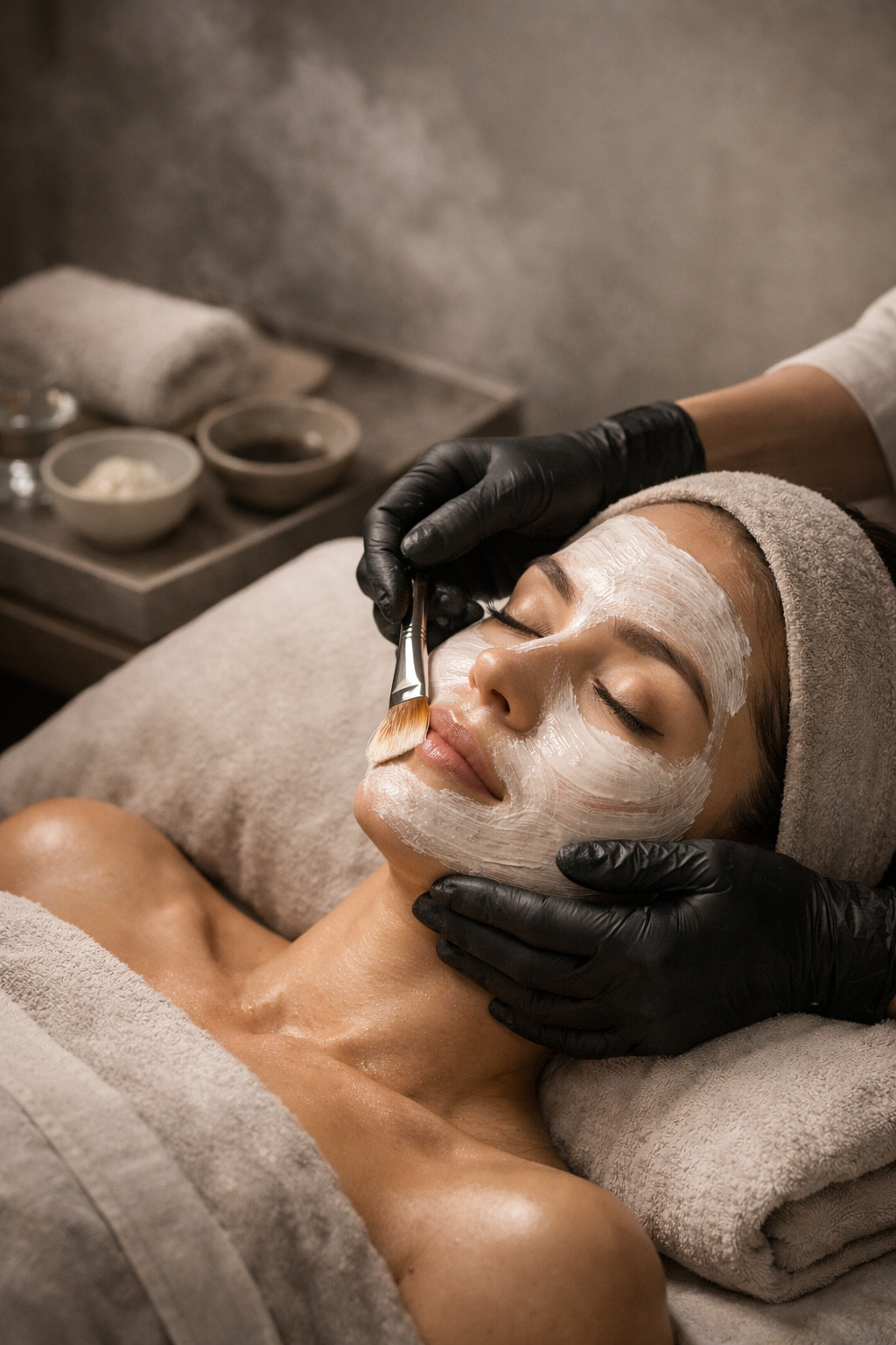 A woman getting a facial treatment with a technician applying a white facial mask.