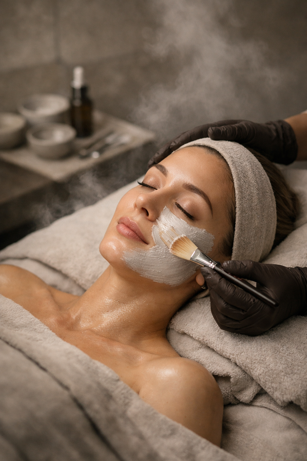 A woman is getting a facial treatment, with a facial mask being applied using a brush, while she relaxes with her eyes closed.