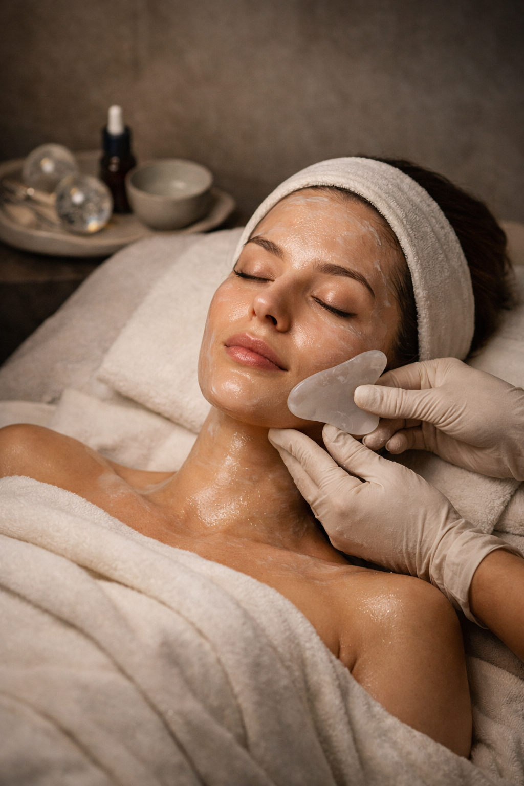 A woman receiving a facial treatment with a jade roller, lying on a spa bed with a towel wrapped around her body and a headband, in a spa setting.