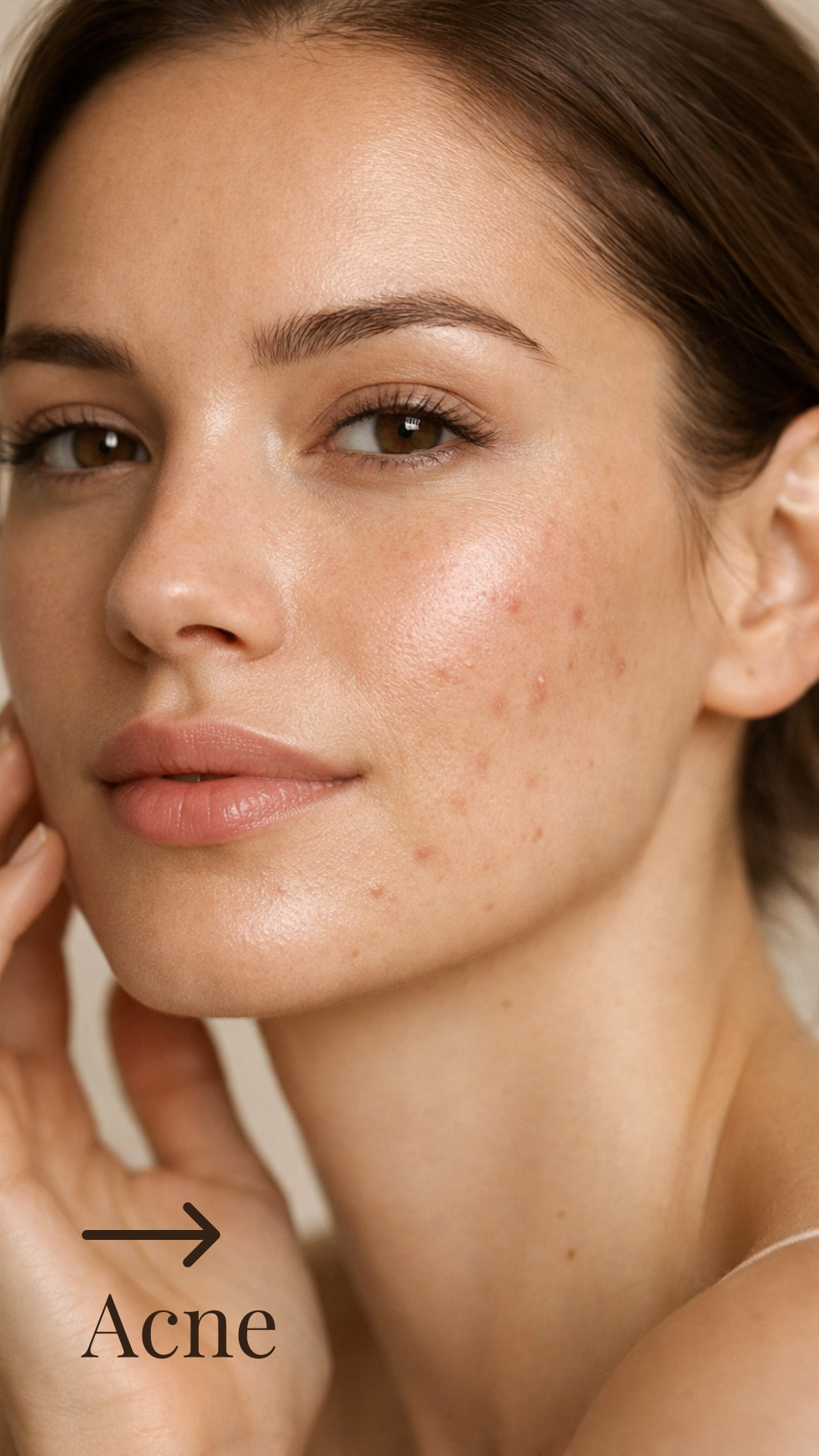 Close-up of a woman with clear skin, brown eyes, and light makeup, showing red acne spots on her cheek with an arrow pointing to them and the label "Acne".