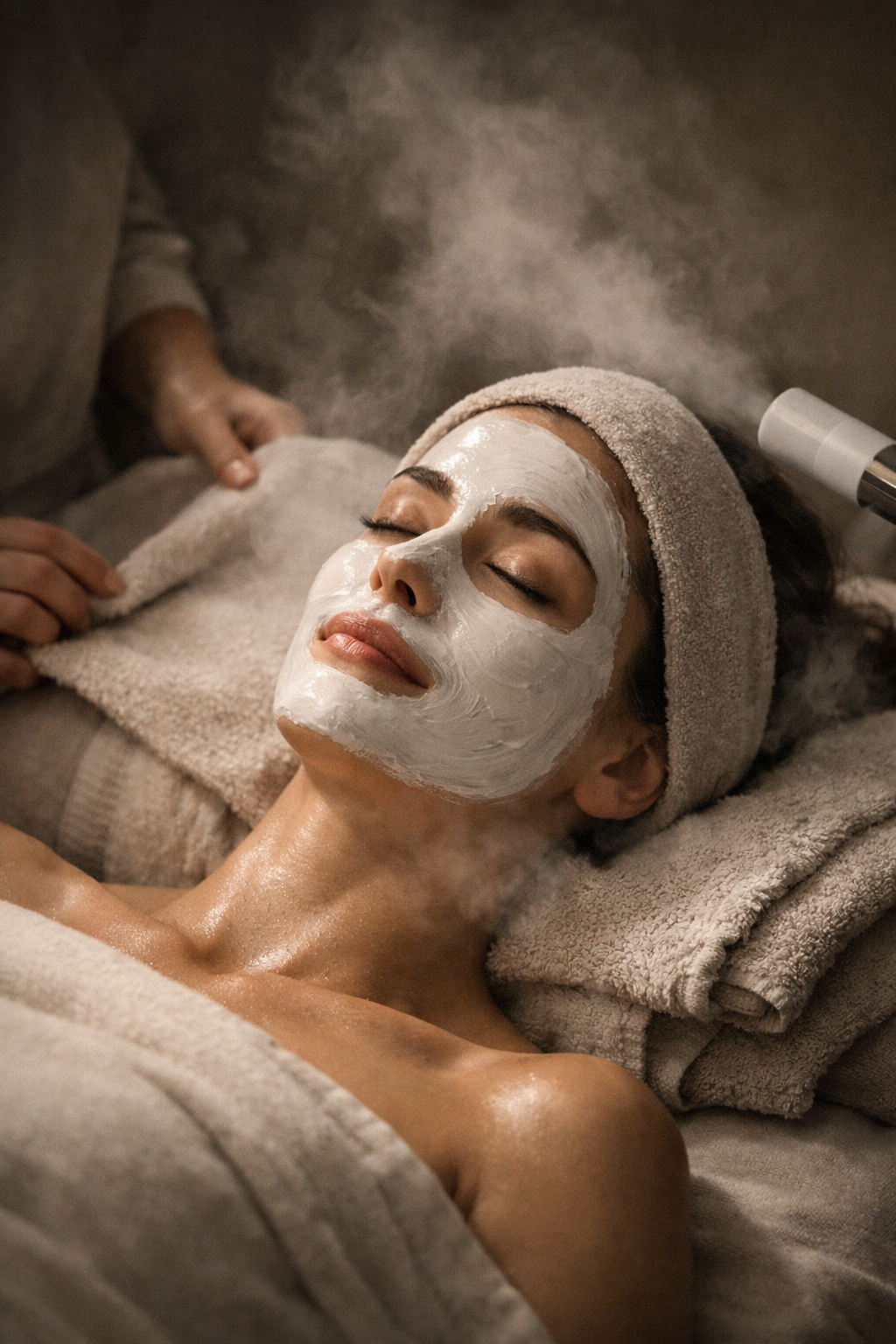 A woman receiving a facial treatment, lying down with her eyes closed, wearing a towel on her head and a white facial mask, in a spa setting.