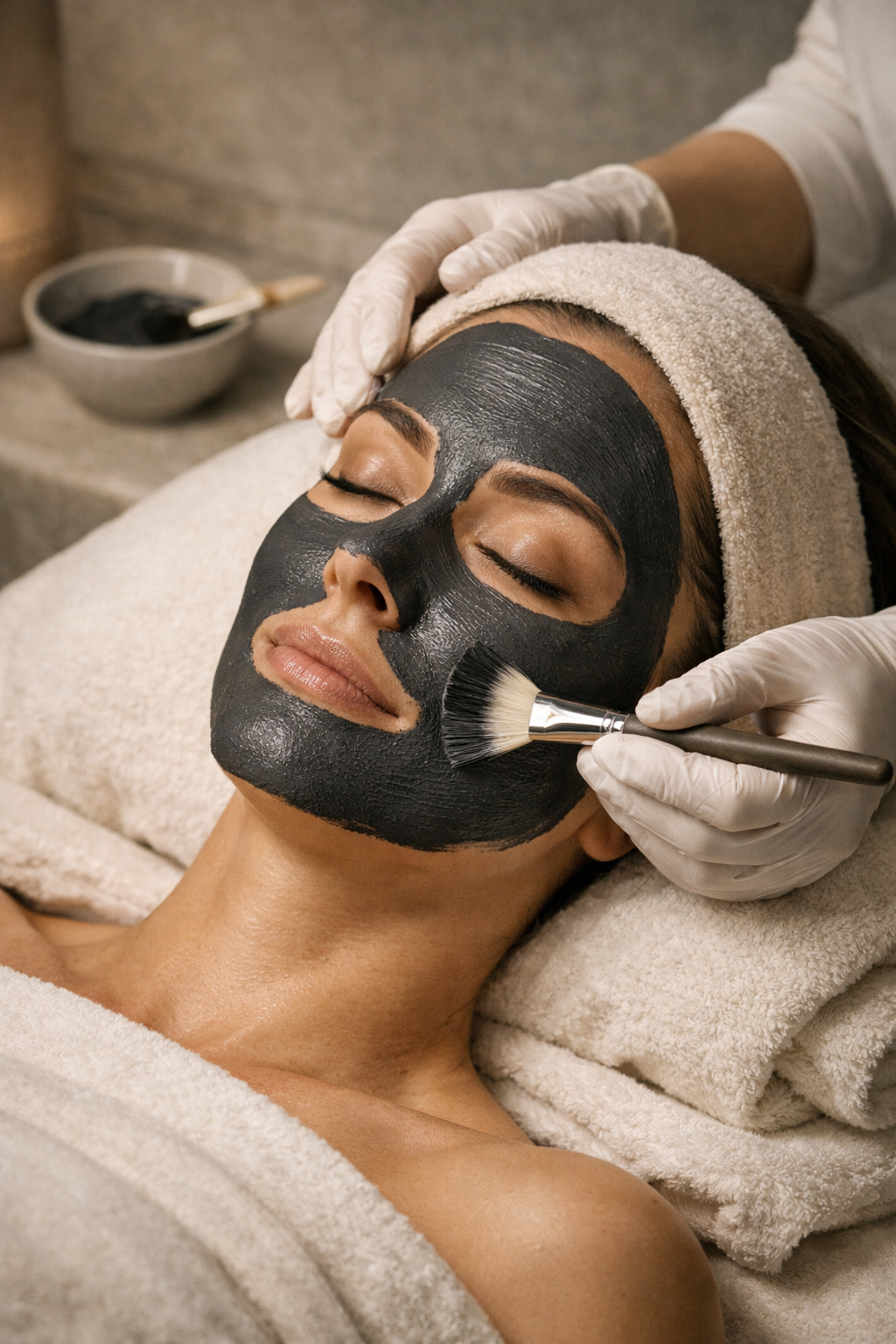 A woman receiving a facial treatment with a black face mask at a spa. She is lying on a towel with her eyes closed, and a beauty technician is applying the mask with a brush.