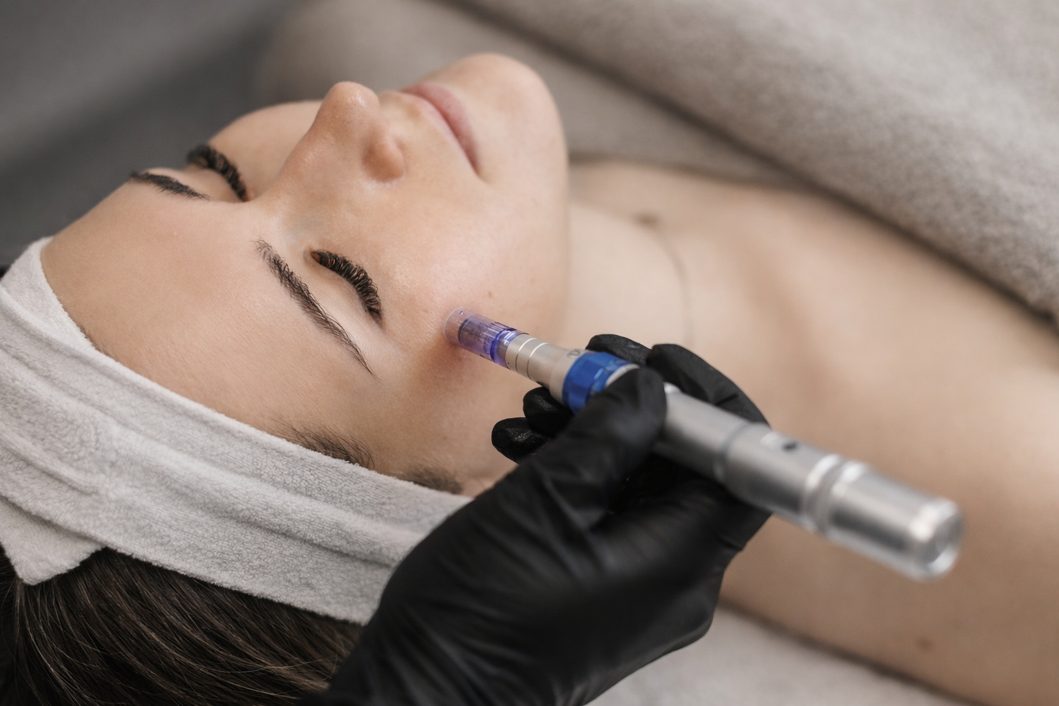 A woman is receiving a cosmetic injection in her forehead while lying down with eyes closed, wearing a towel and a black glove.