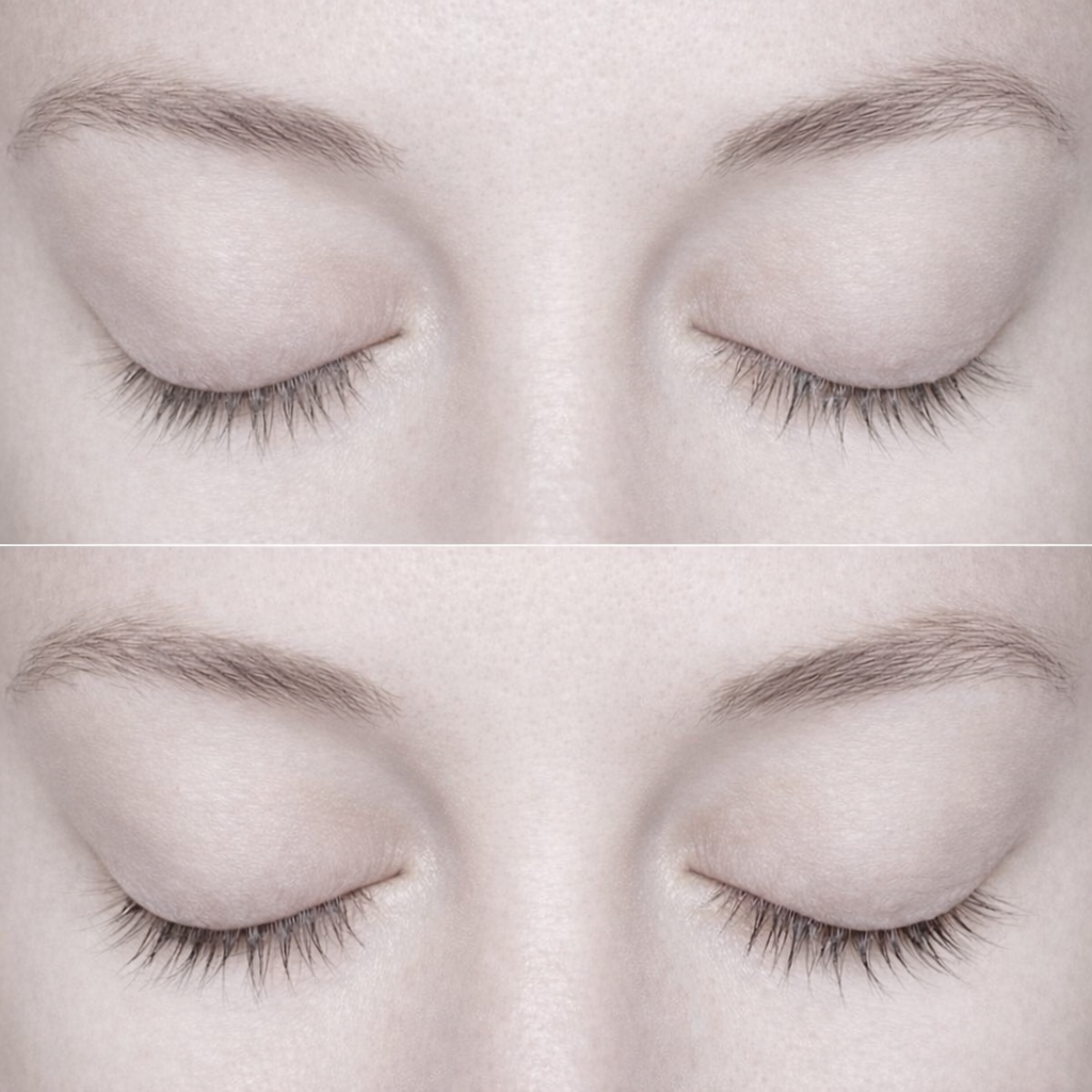 Close-up of a person's face with eyes closed, showing smooth, light skin and fine eyebrows.