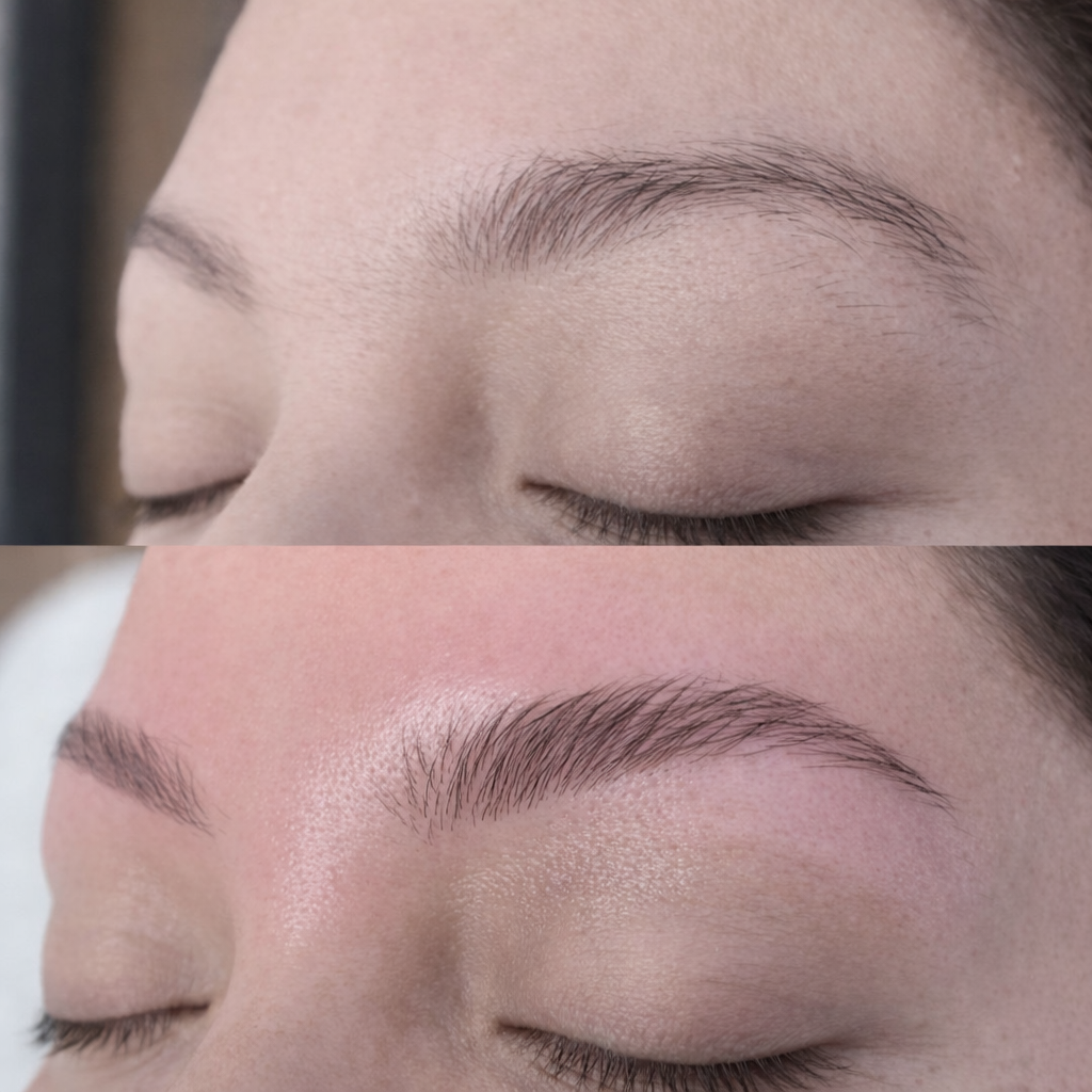 Close-up of a person's closed eye, showing eyebrows, with a comparison of a before and after eyebrow grooming or makeup application.