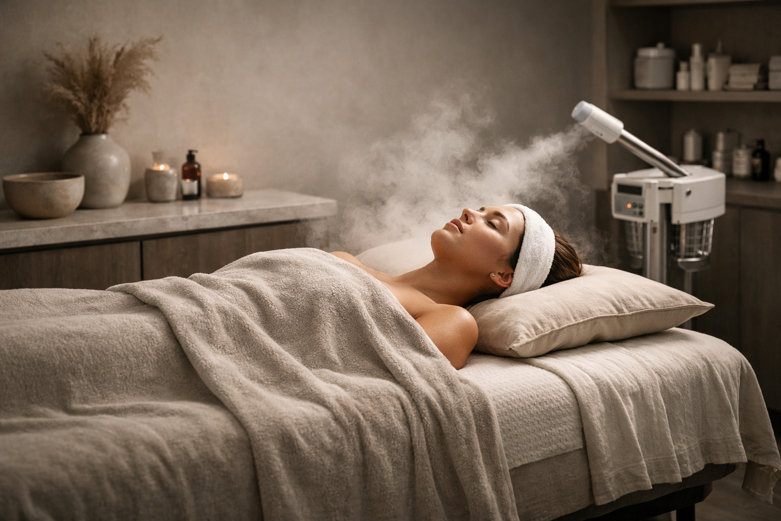 Woman receiving a facial mist treatment in a spa, lying on a bed with a towel and headband, surrounded by candles and spa supplies.