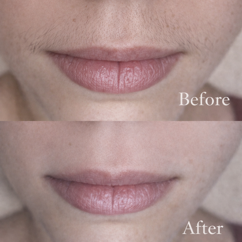 Close-up of lips showing a before and after comparison, with the 'Before' image on top and the 'After' image on bottom.