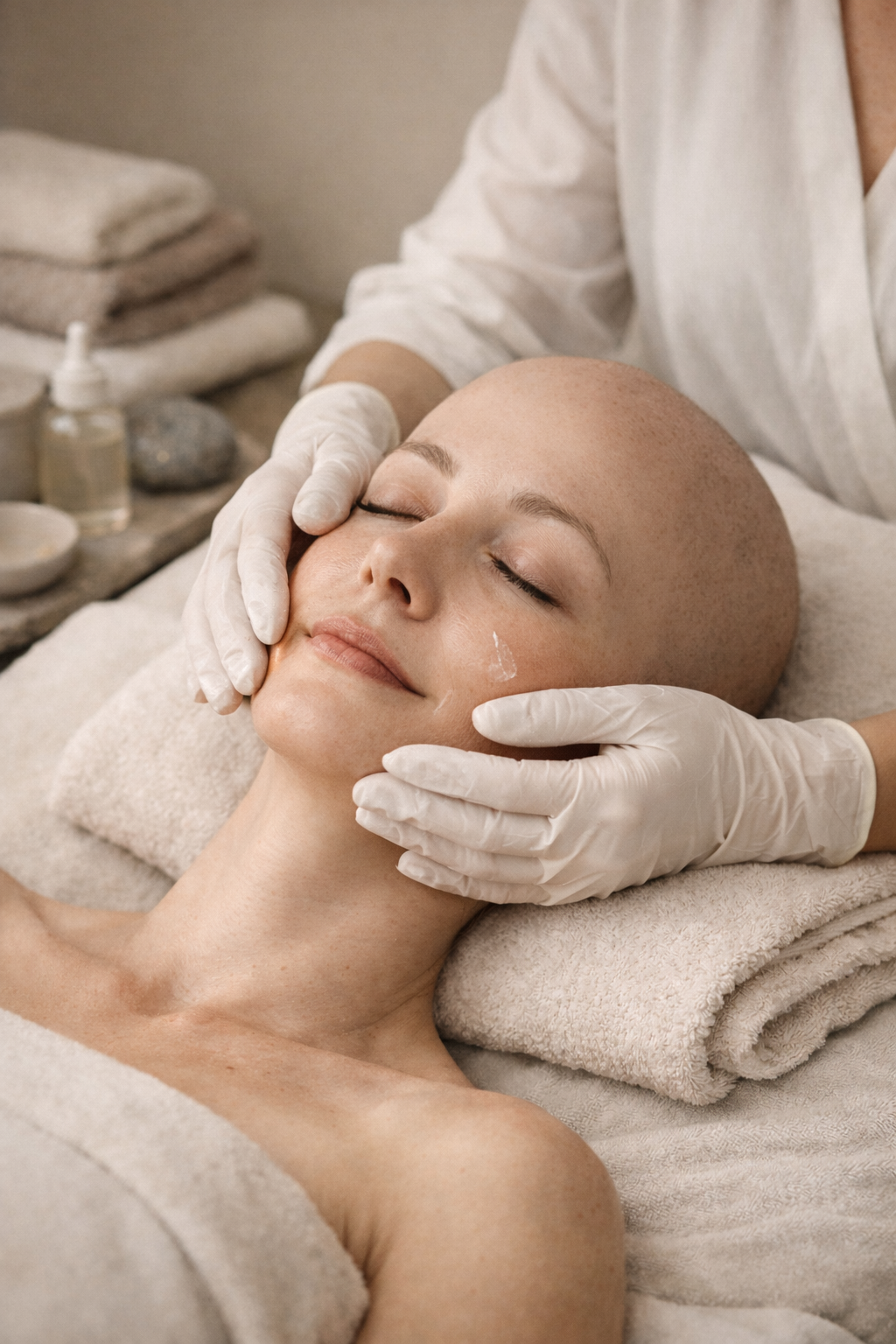 A woman receiving a facial treatment at a spa, lying down with closed eyes, as a therapist applies skincare using gloved hands.