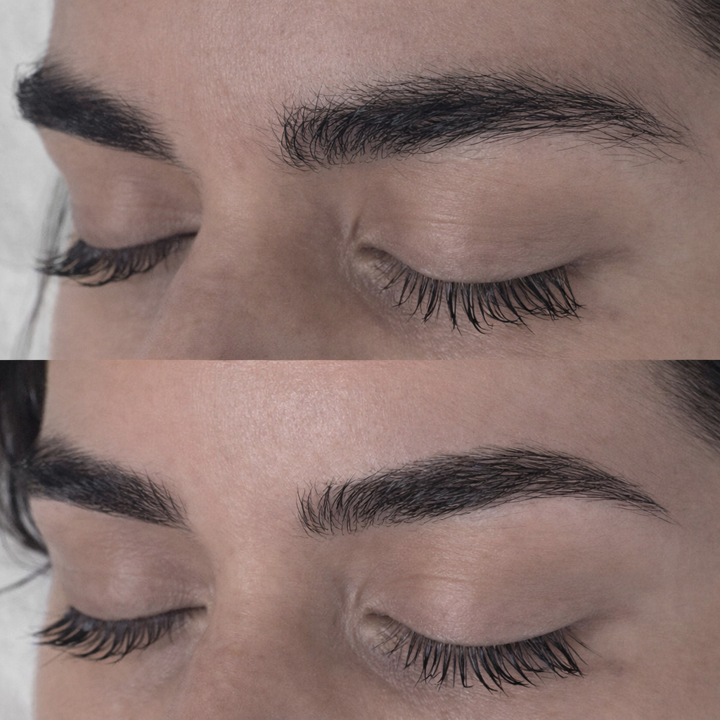 Close-up of a person's closed eye before and after eyebrow grooming, showing styled eyebrows.