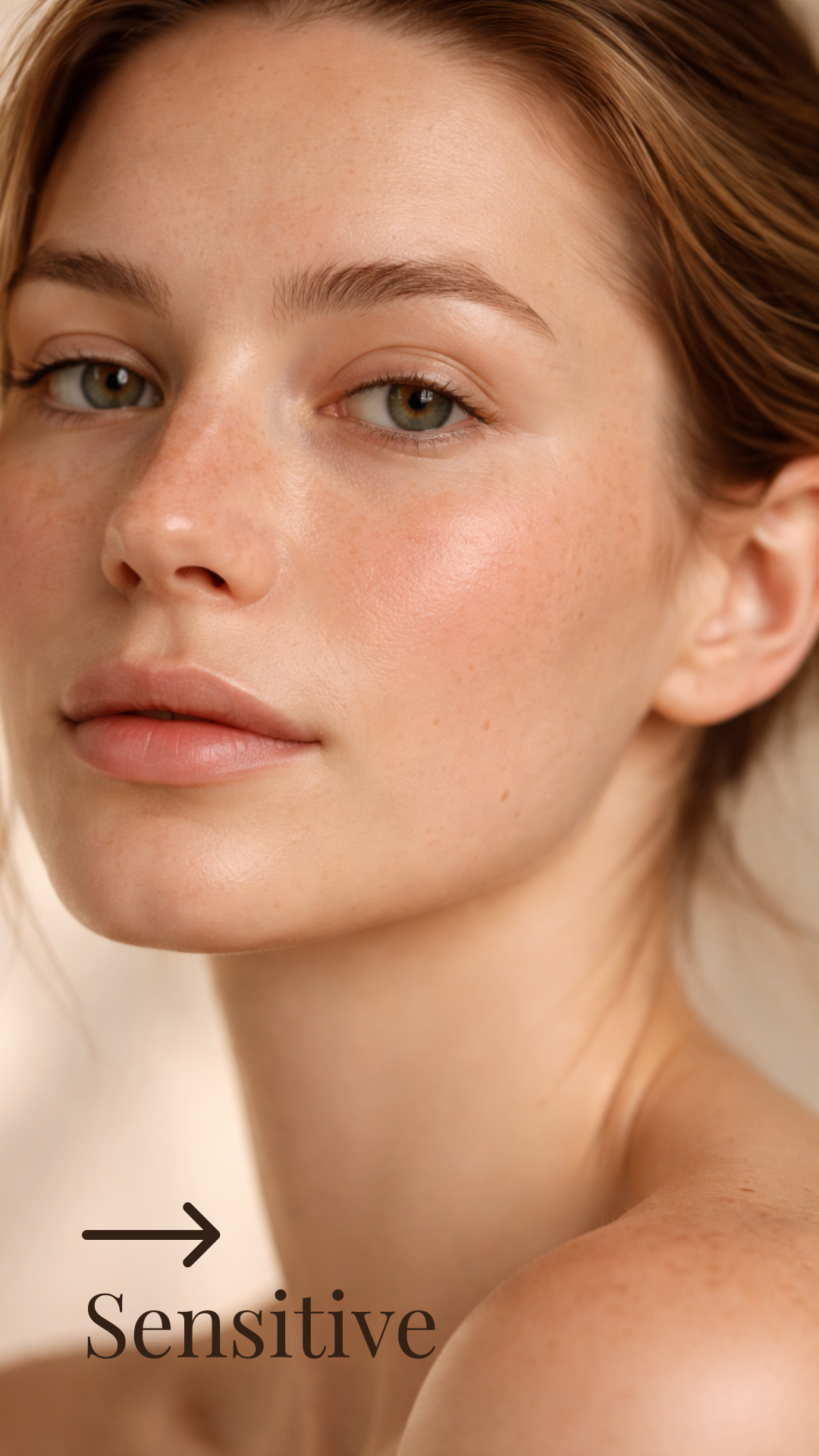 Close-up of a woman with clear, sensitive skin and freckles, with the word 'Sensitive' and an arrow pointing to her face.
