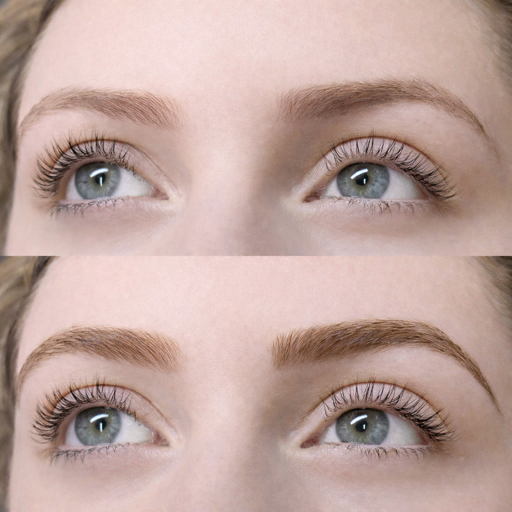 Close-up of a woman's face showing her eyes, before and after eyebrow grooming or makeup application.