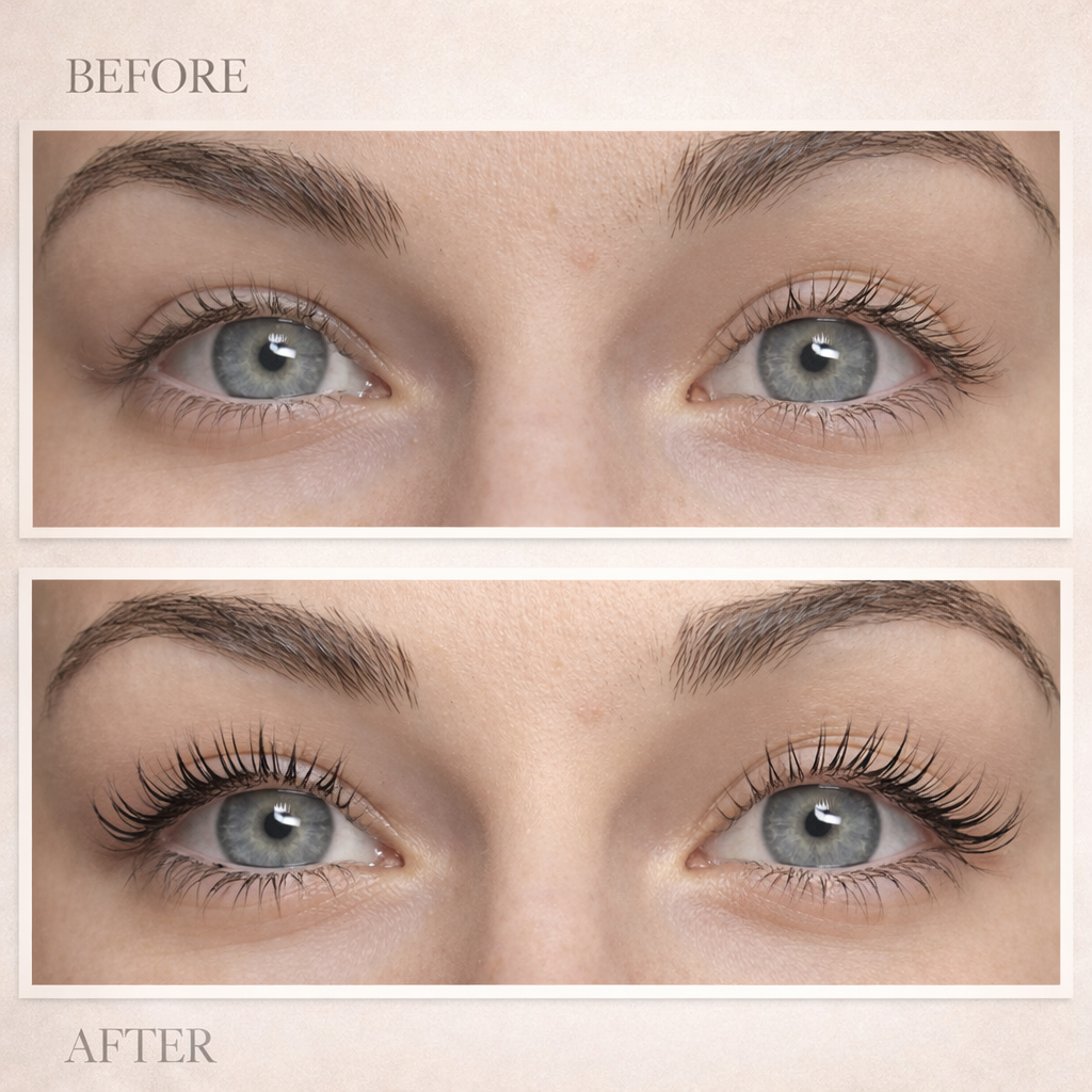 Close-up of human eyes before and after eyelash enhancements, showing longer, darker, and more curled eyelashes in the after image.