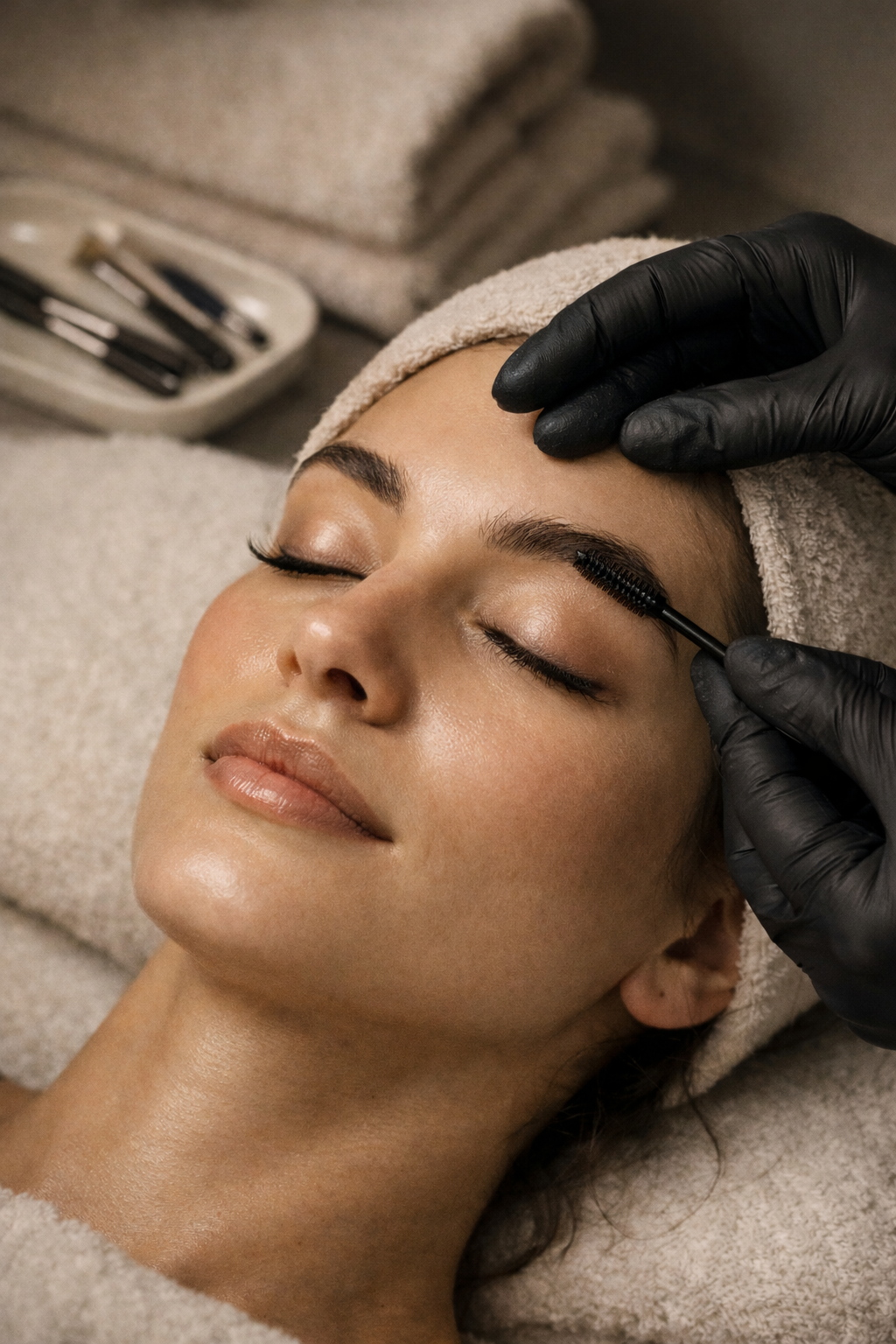 A woman is getting her eyebrows shaped with a spoolie brush, lying down with her eyes closed, while a professional wearing black gloves styles her eyebrows in a spa or salon setting.