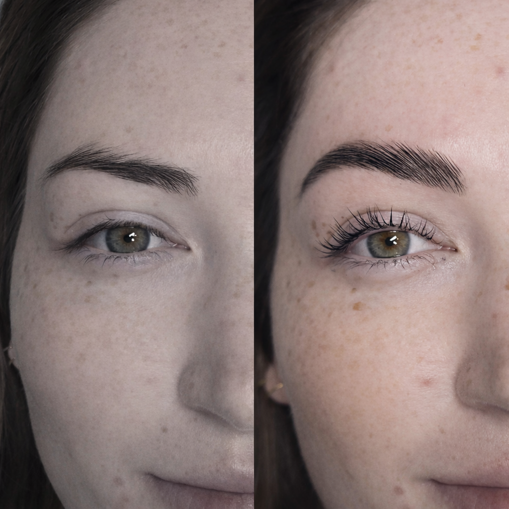 Comparison of a woman's face showing her eye area before and after applying makeup or cosmetic enhancements, highlighting improved eyelashes and eyebrow definition.