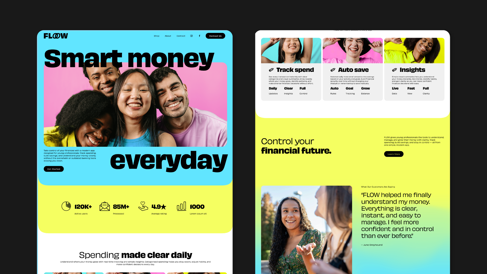 Two colorful web page designs showcasing financial management apps, with vibrant backgrounds, images of smiling diverse people, and bold headings about money management.