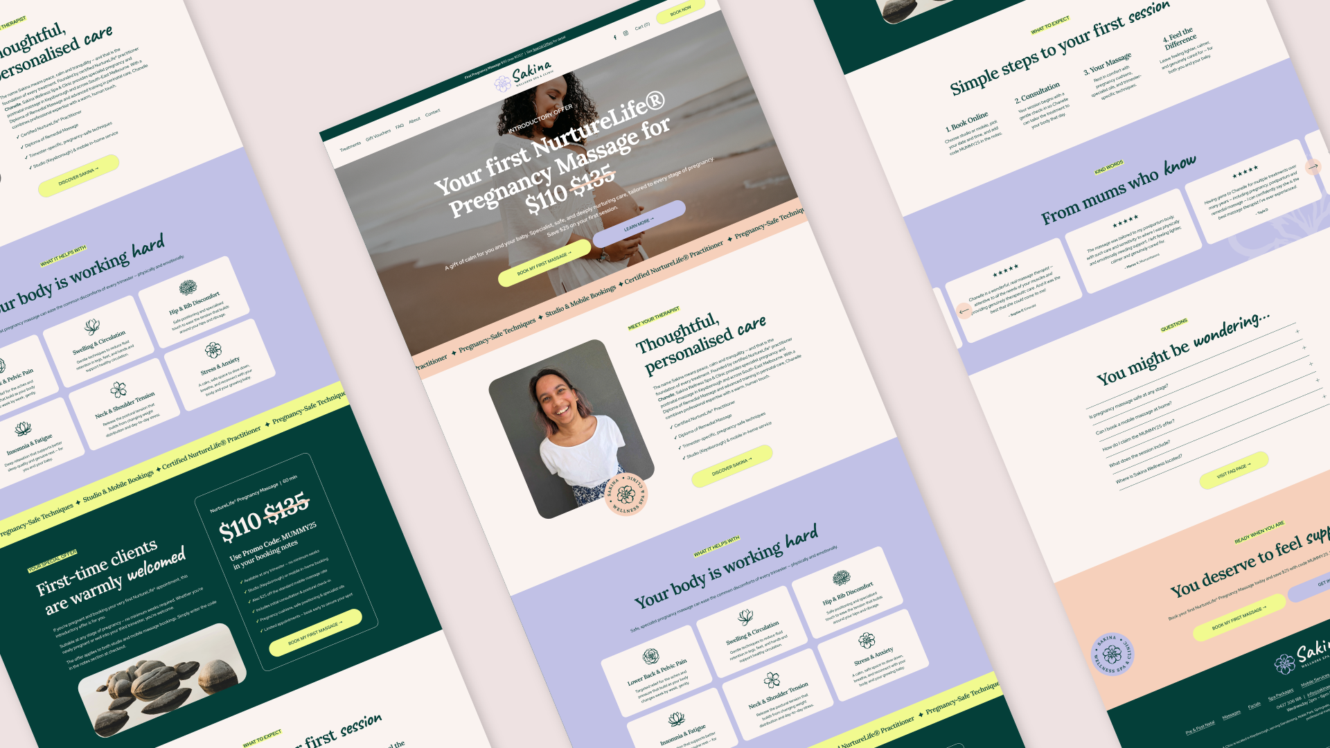 A screenshot of a website offering pregnancy massage services, with a main image of a smiling woman on the beach, and sections detailing services, pricing, FAQs, and booking options.