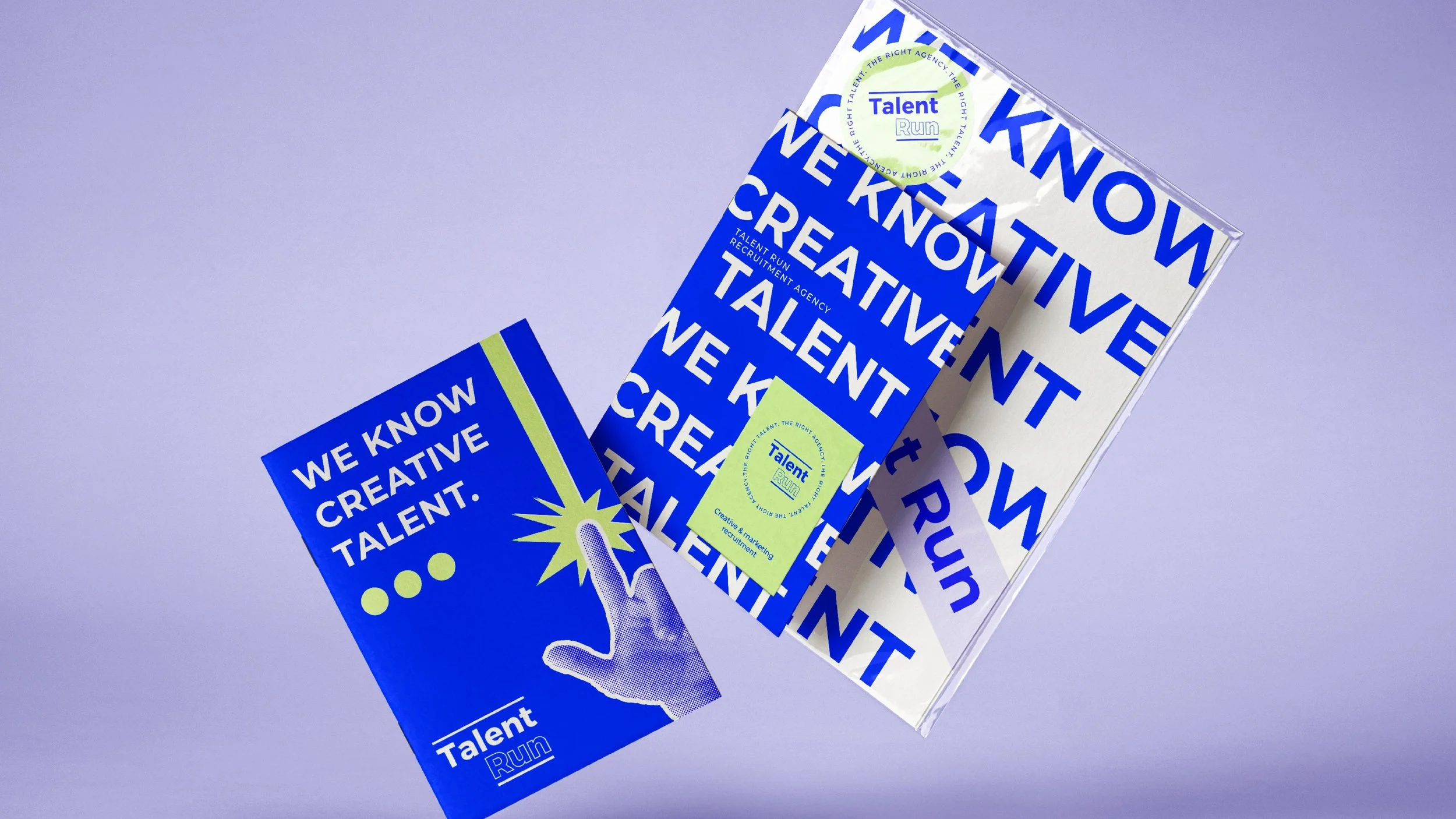 Brochures and flyers for Talent Run recruitment agency with blue and white color scheme, featuring slogans like "We know creative talent" and "Talent" with graphics of a hand and lightning bolts.