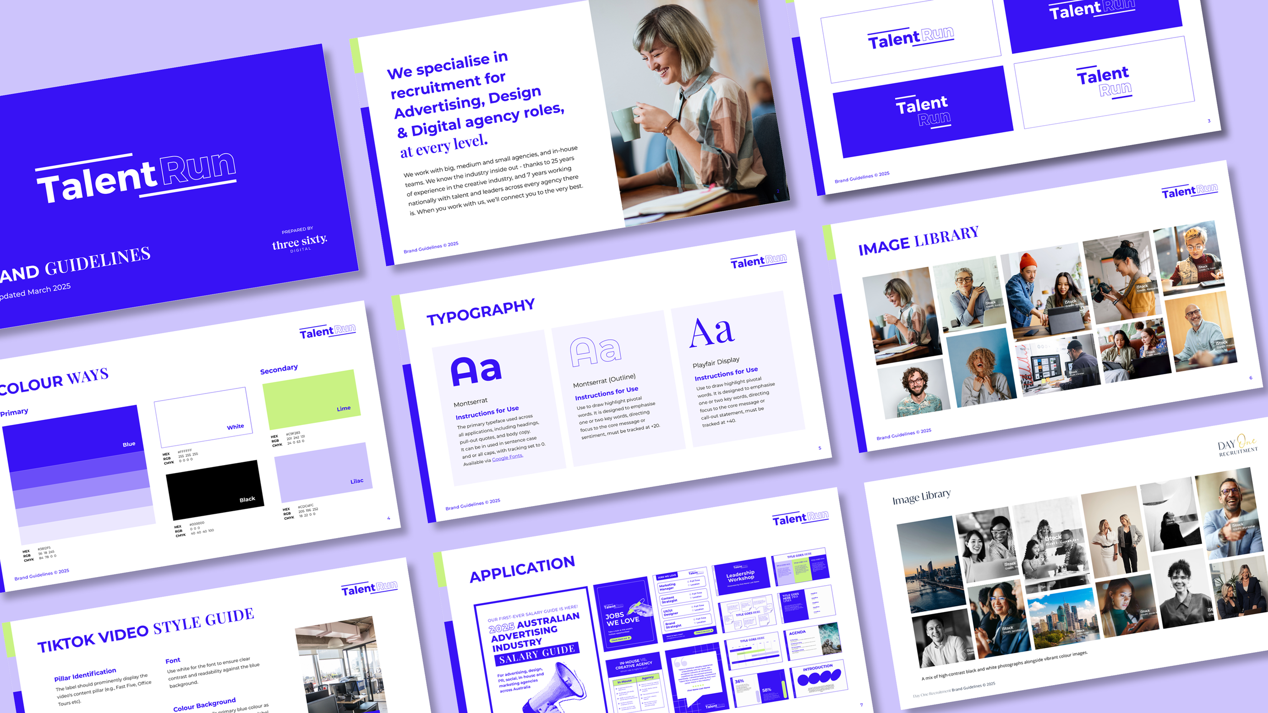 A set of digital marketing presentation slides in blue, white, black, and green, featuring topics like branding guidelines, typography, color schemes, image libraries, TikTok video style guide, and application examples, with images of diverse people working and engaging with technology.