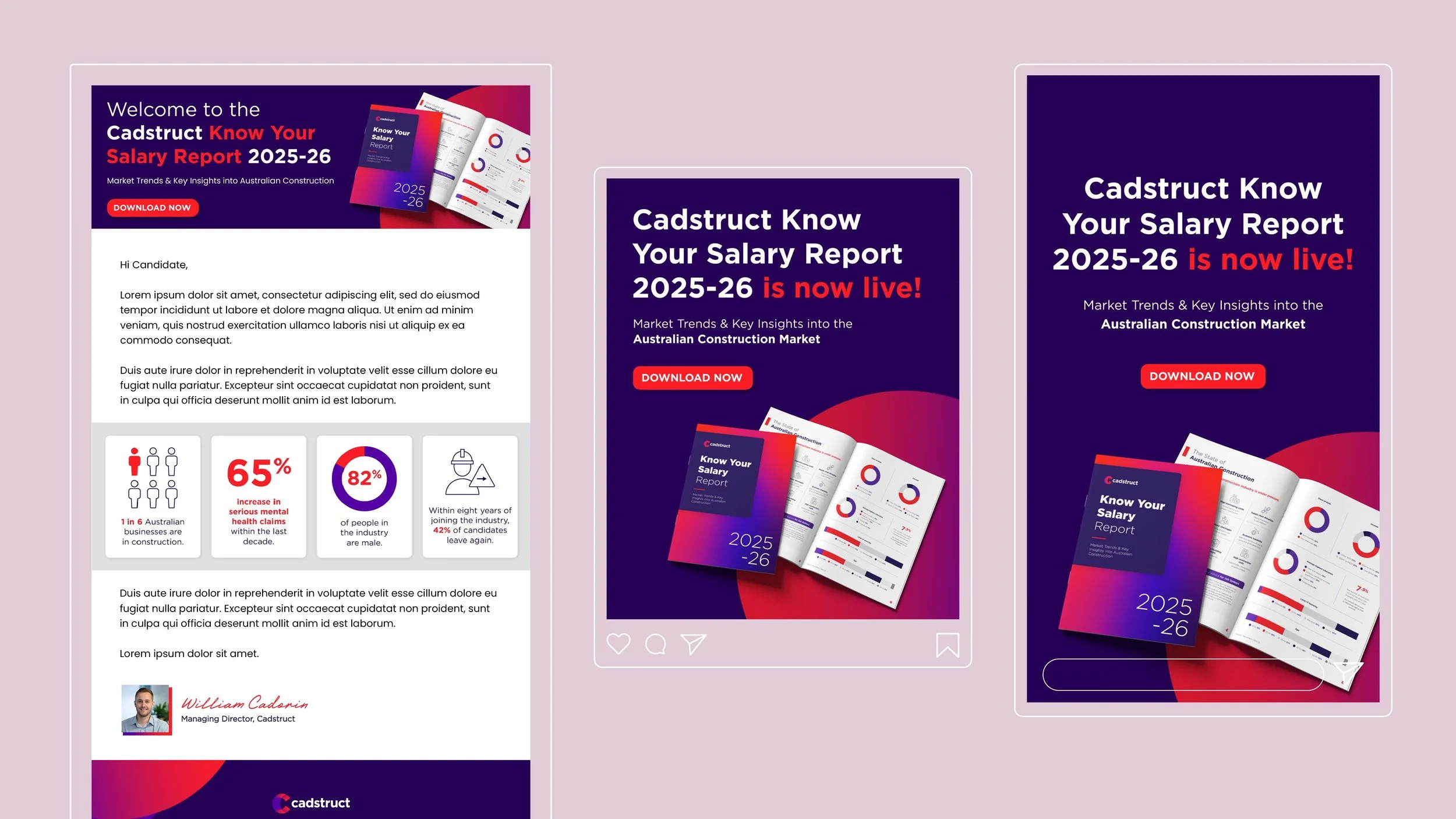 Promotional flyer for Cadstruct's 2025-26 salary report with a purple and red background, featuring a book cover image, an open report, a red "Download Now" button, and some statistics and a signature at the bottom.