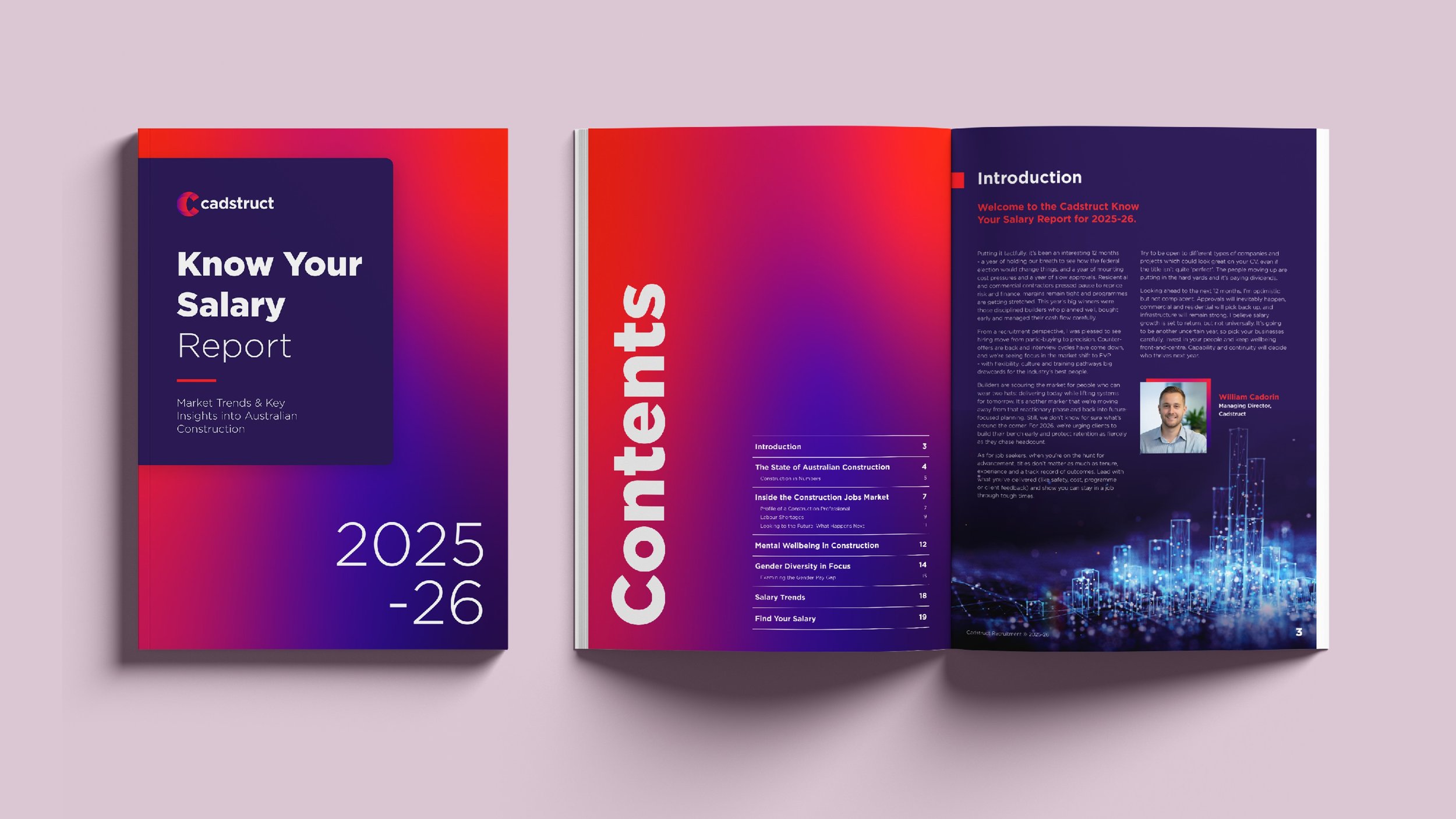 Cover and inside pages of a 2025-26 salary report titled "Know Your Salary Report" with a market trends theme, featuring a dark blue and red gradient background, a section labeled "Contents" with a table of contents, and a photo of William Cadorin, the managing director of Cadconstruct, with a digital cityscape graphic.